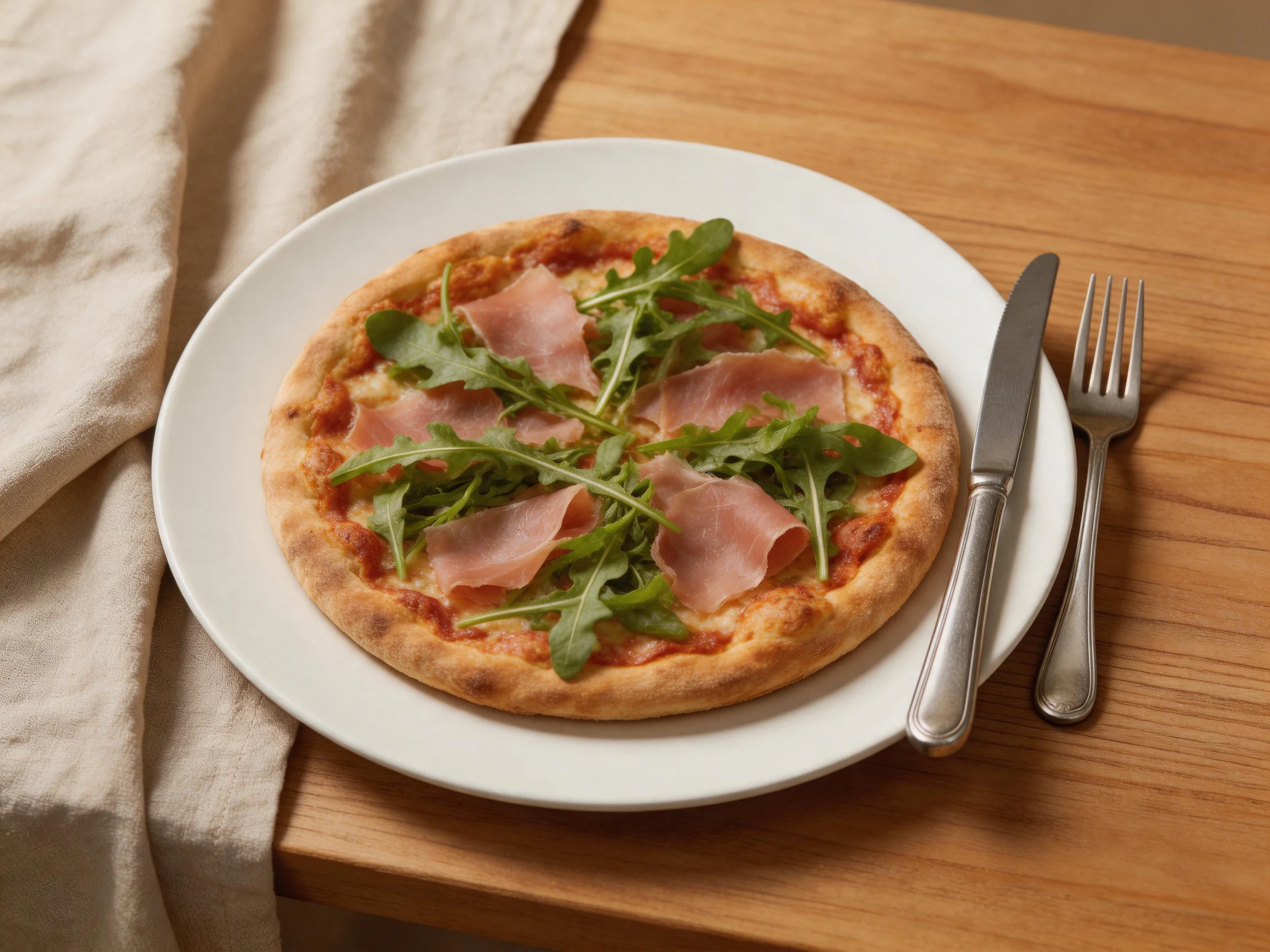 Small artisanal pizza with arugula and prosciutto on a white plate