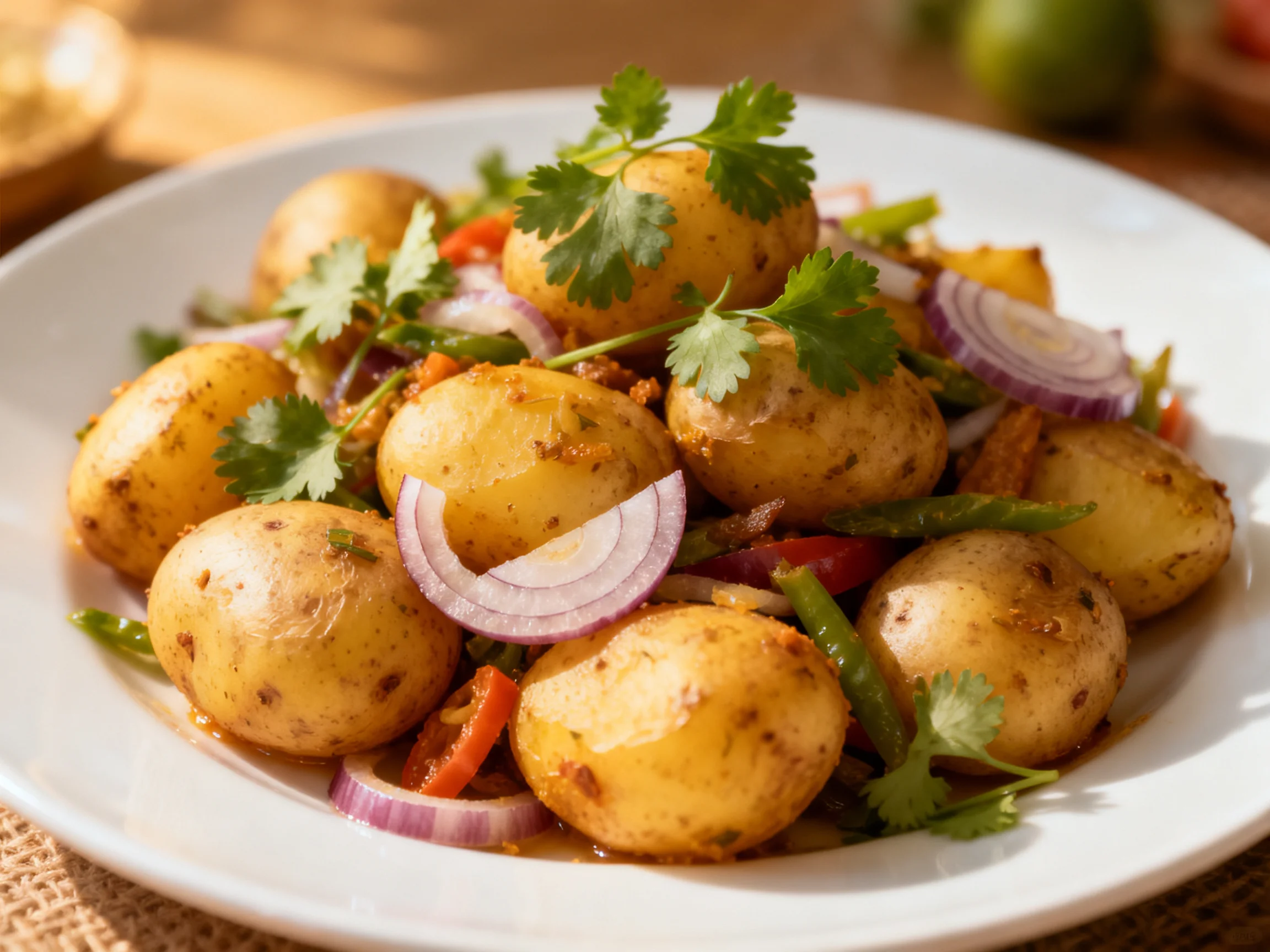 Small golden potatoes with red onion and cilantro garnish