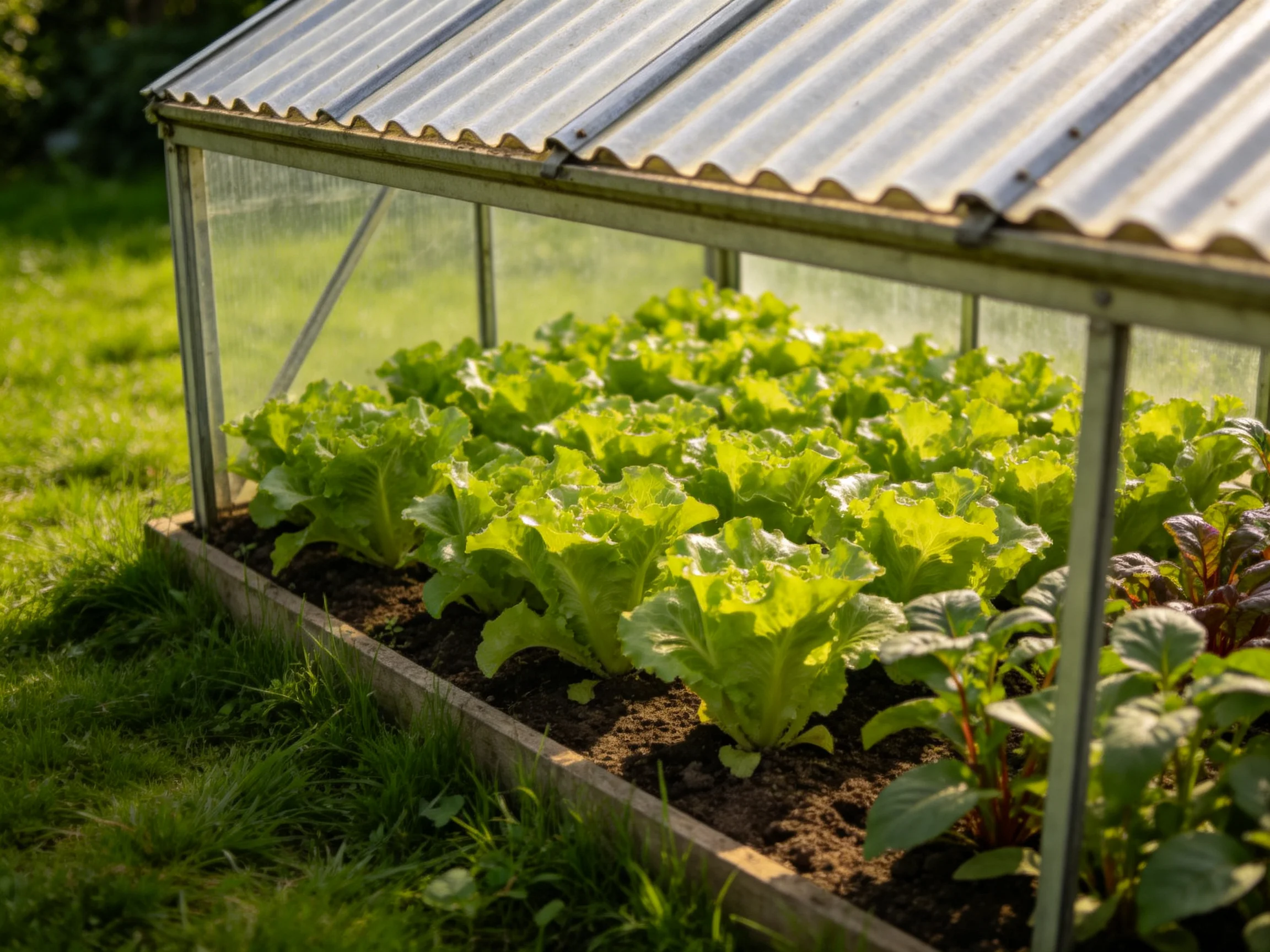 Small greenhouse with abundant vibrant green leafy plants