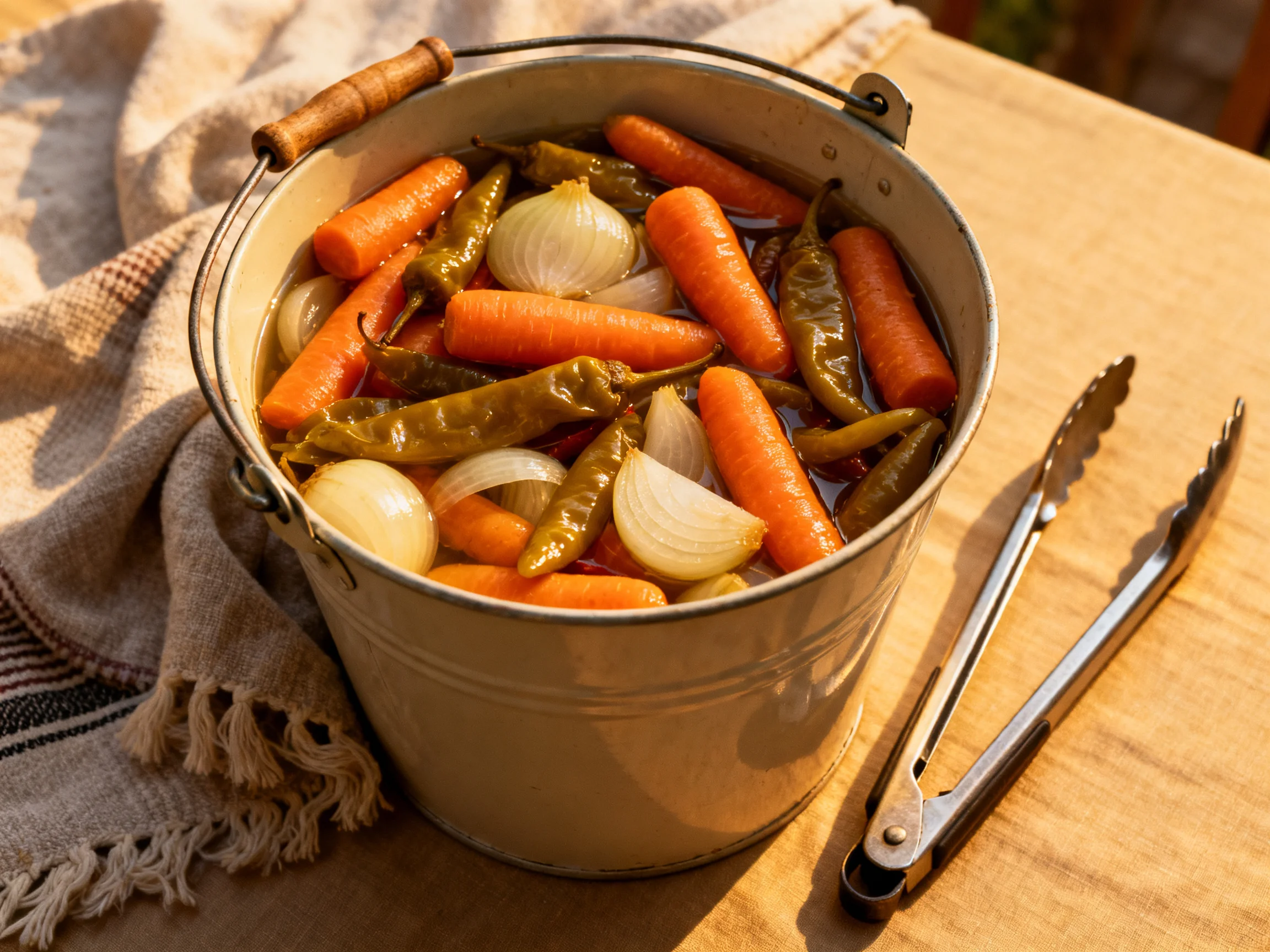 Small metal bucket filled with colorful pickled vegetables and chilies