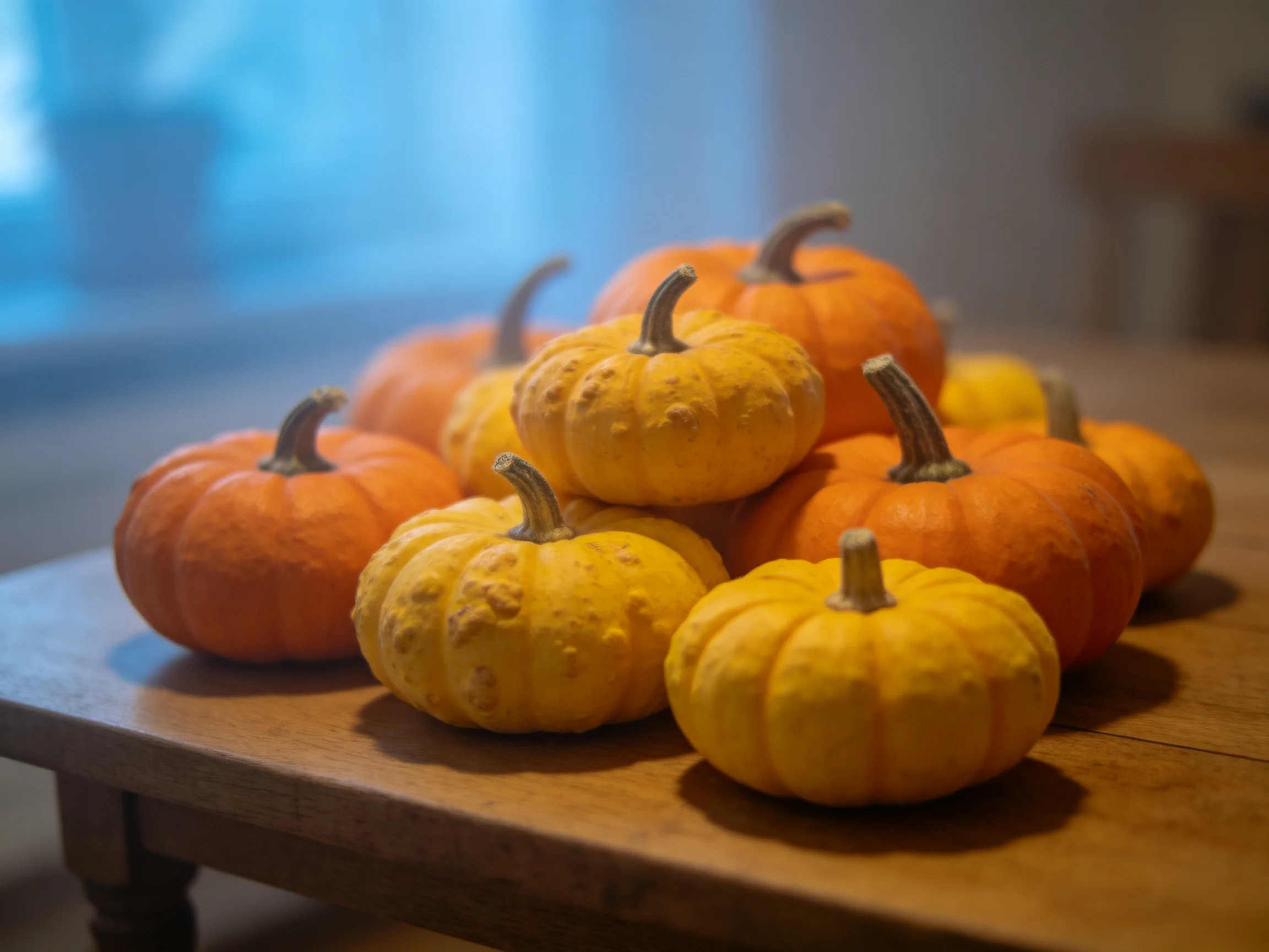 Small orange and yellow pumpkins arranged on a wooden table