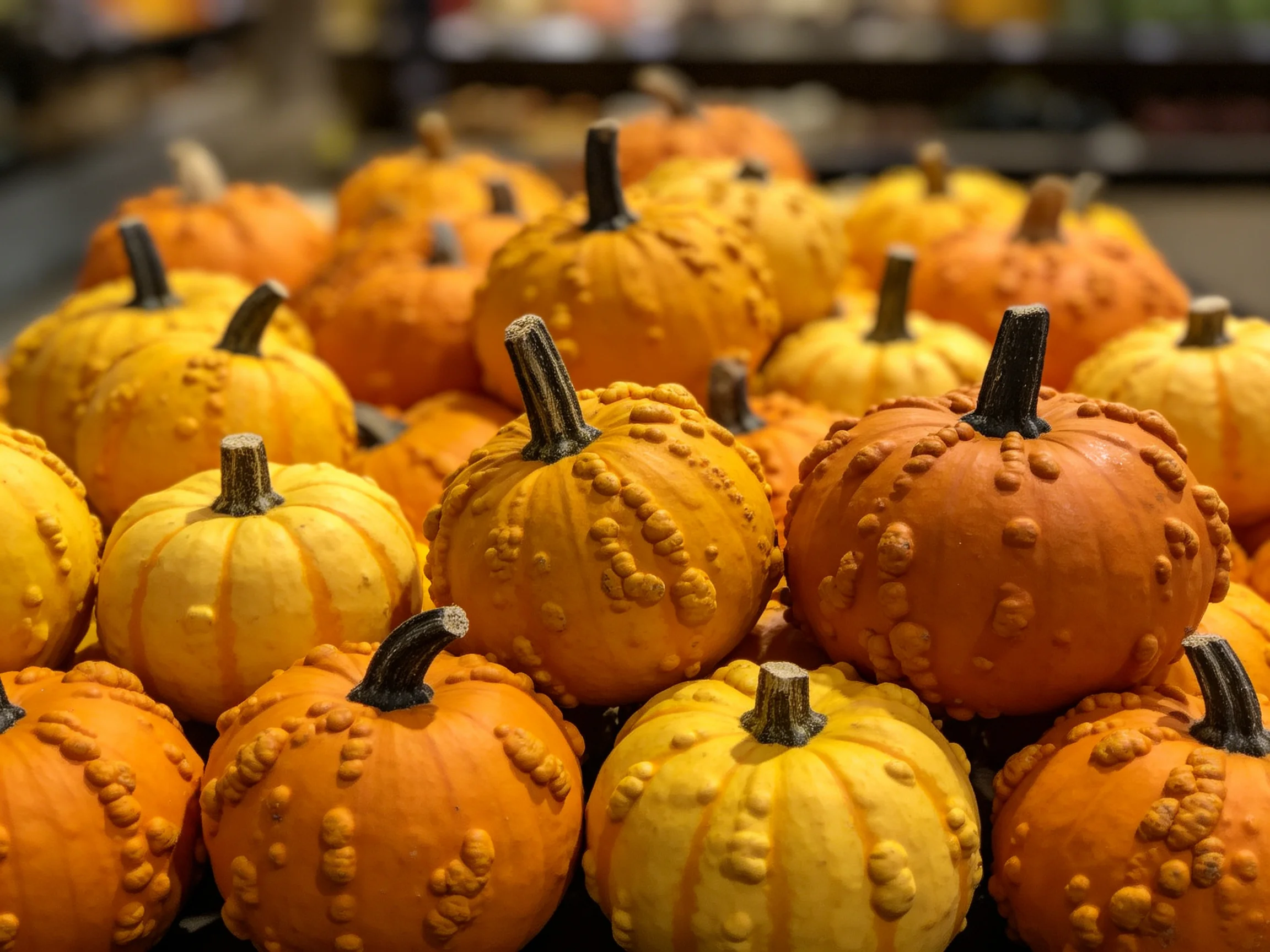 Small orange and yellow textured pumpkins clustered closely together