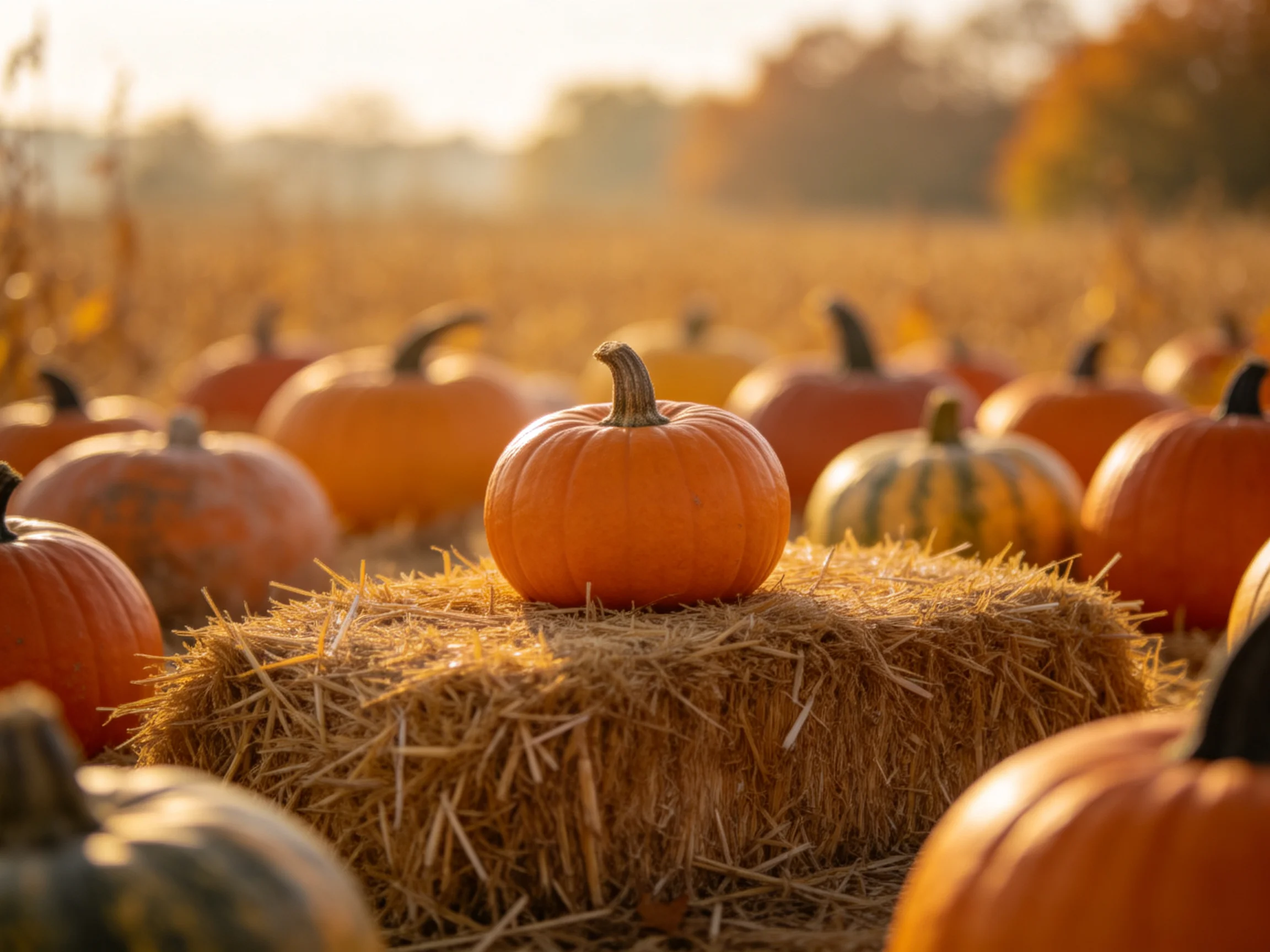 Small orange pumpkin centered on hay bale in sunlit pumpkin patch