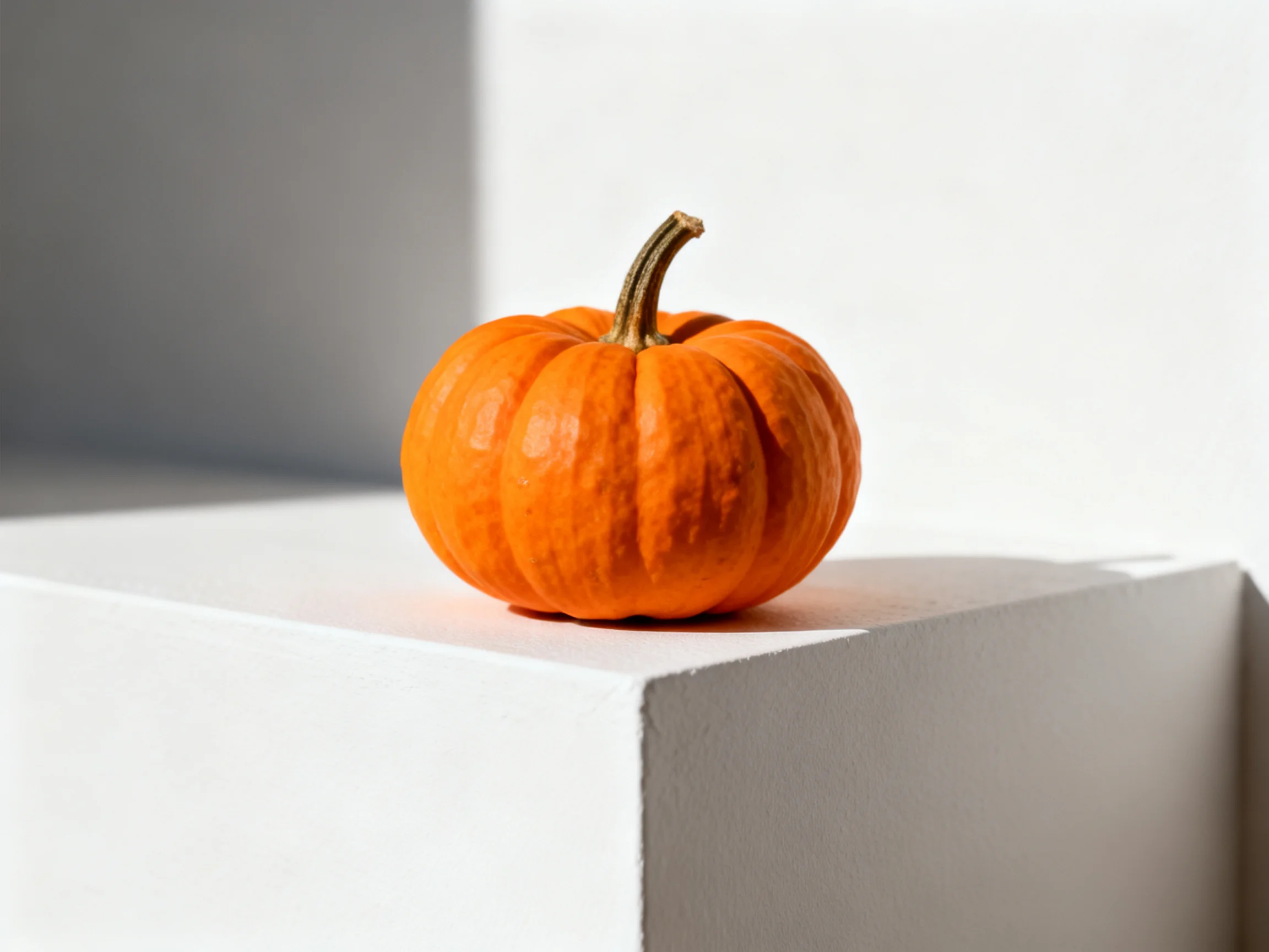 Small orange pumpkin positioned on a white geometric pedestal