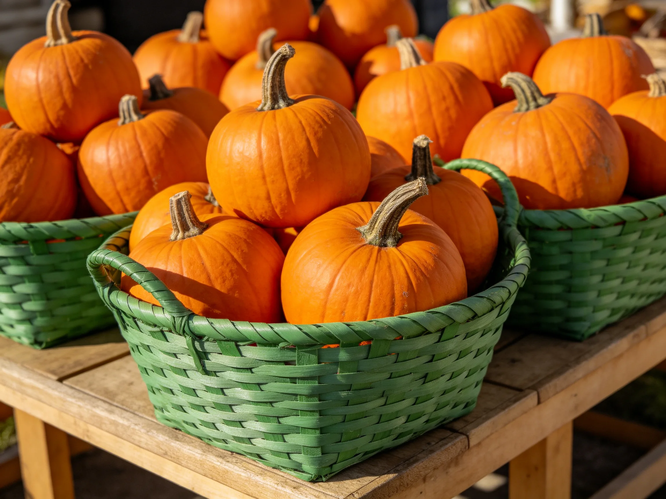 Small orange pumpkins arranged in green wicker baskets on wooden tables