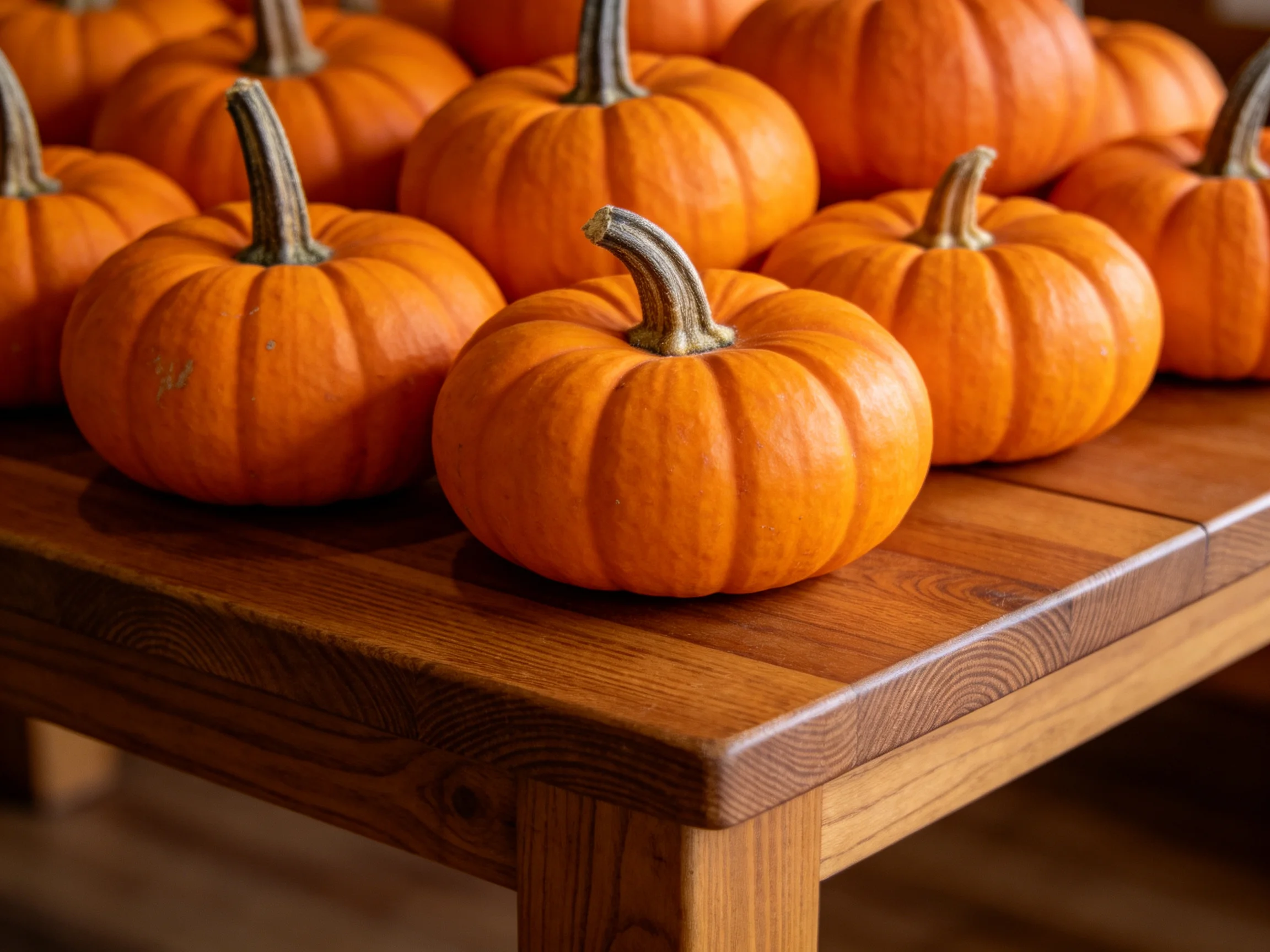 Small orange pumpkins neatly arranged on a polished wooden table