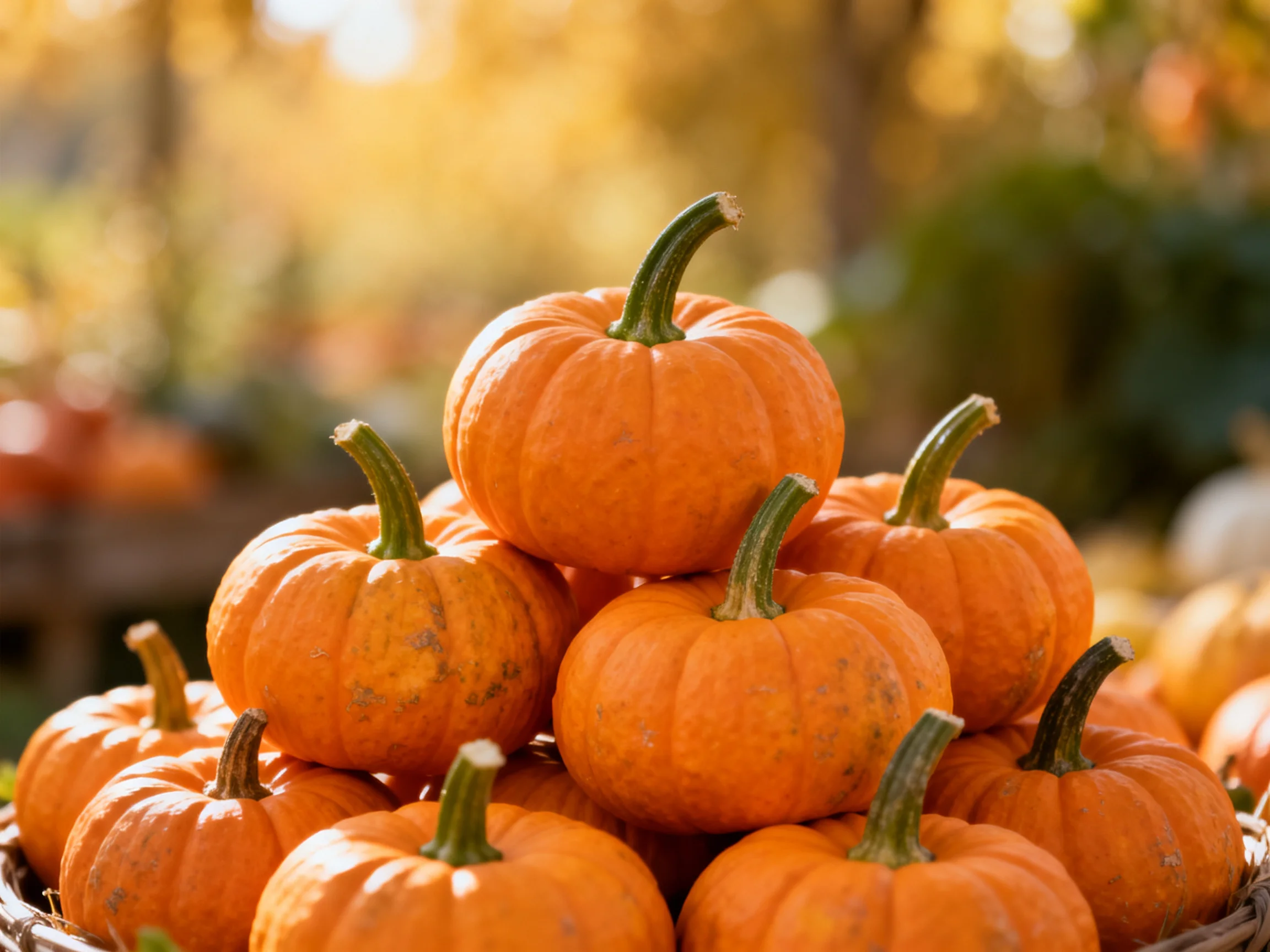 Small orange pumpkins piled high in a wicker basket amidst autumn foliage