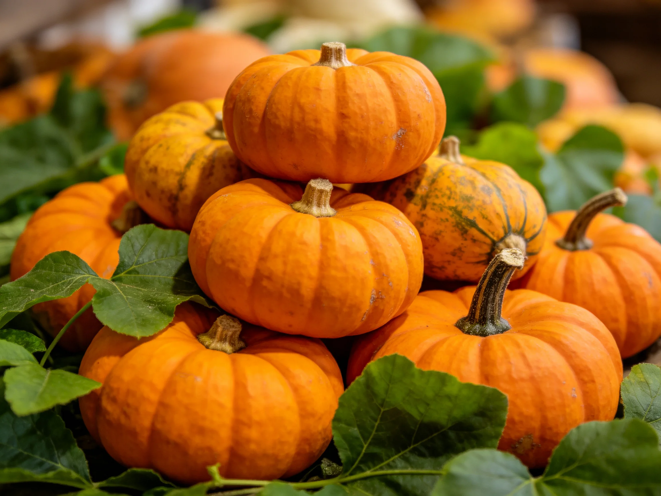 Small orange pumpkins stacked among lush green leaves
