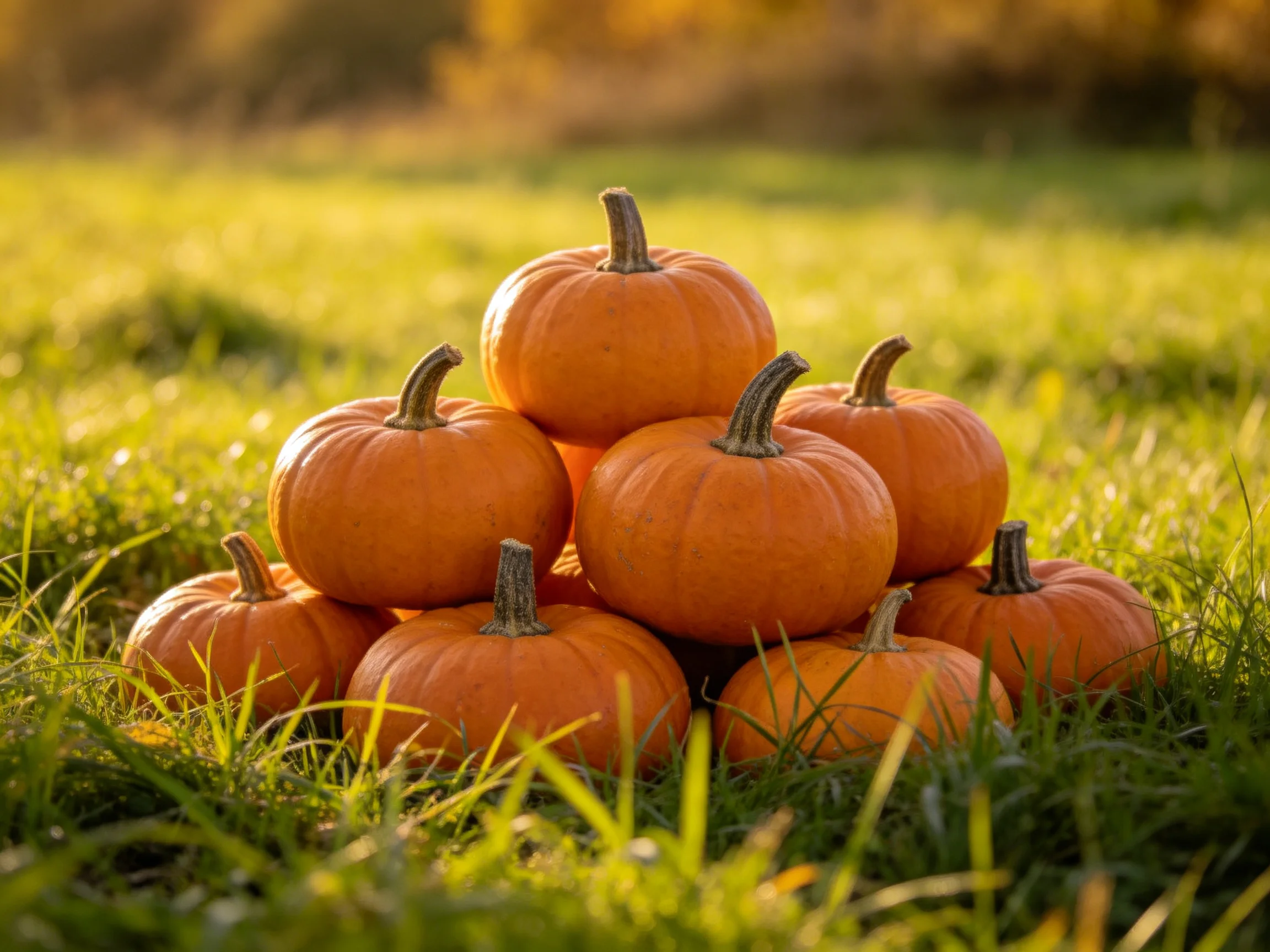 Small orange pumpkins stacked in a pyramid on green grass