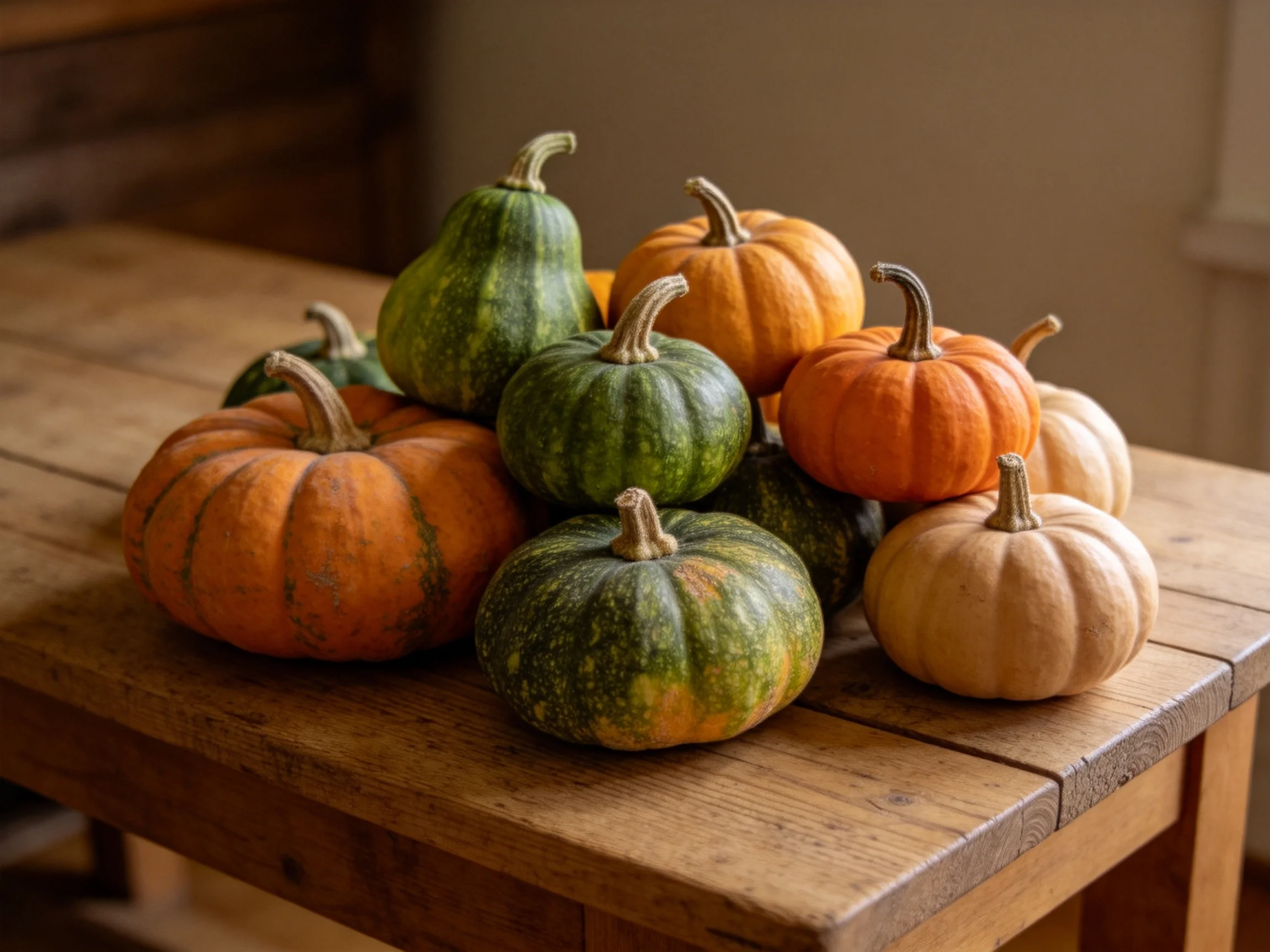 Small pumpkins in green, orange, and beige hues arranged on a rustic wooden table