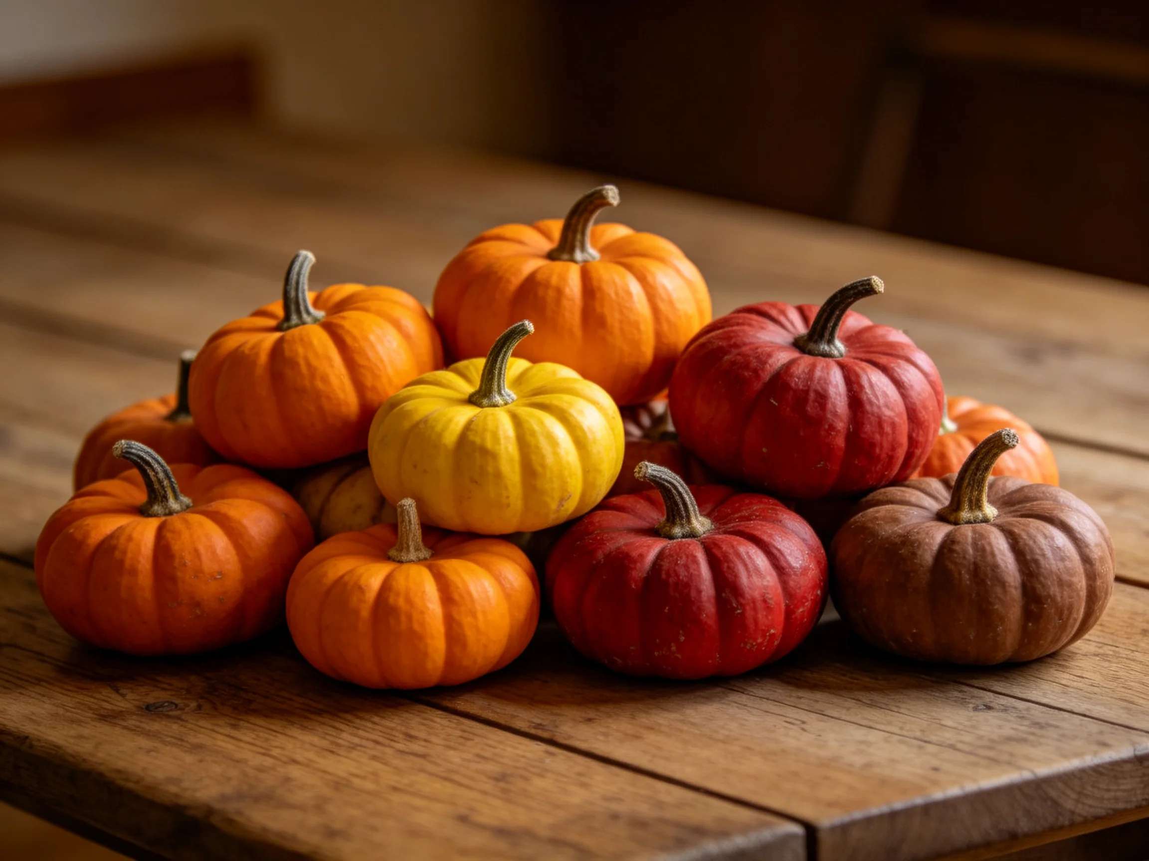 Small pumpkins in orange, yellow, red, and brown arranged on a wooden table