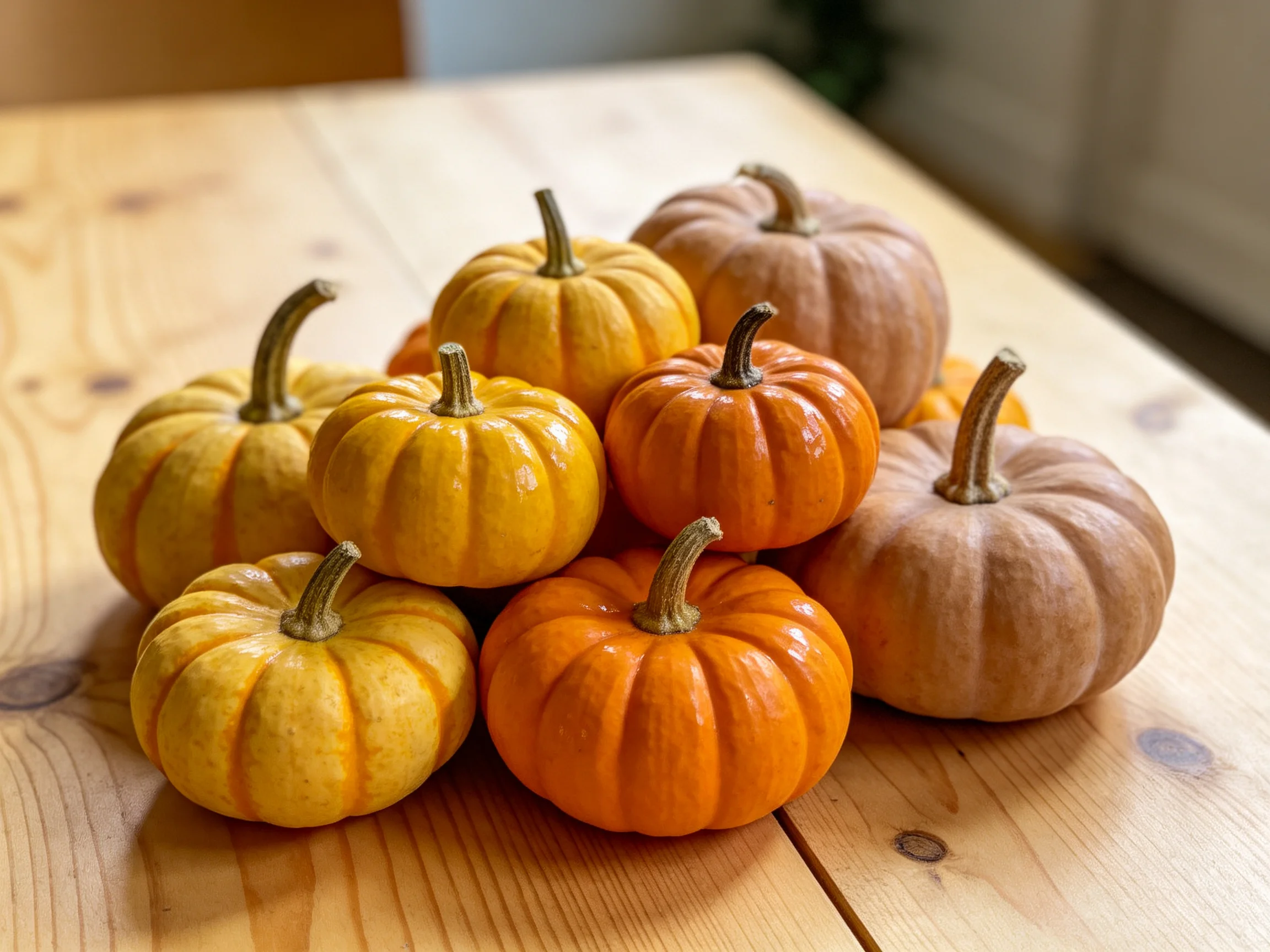 Small pumpkins in yellow, orange, and beige hues on a wooden table