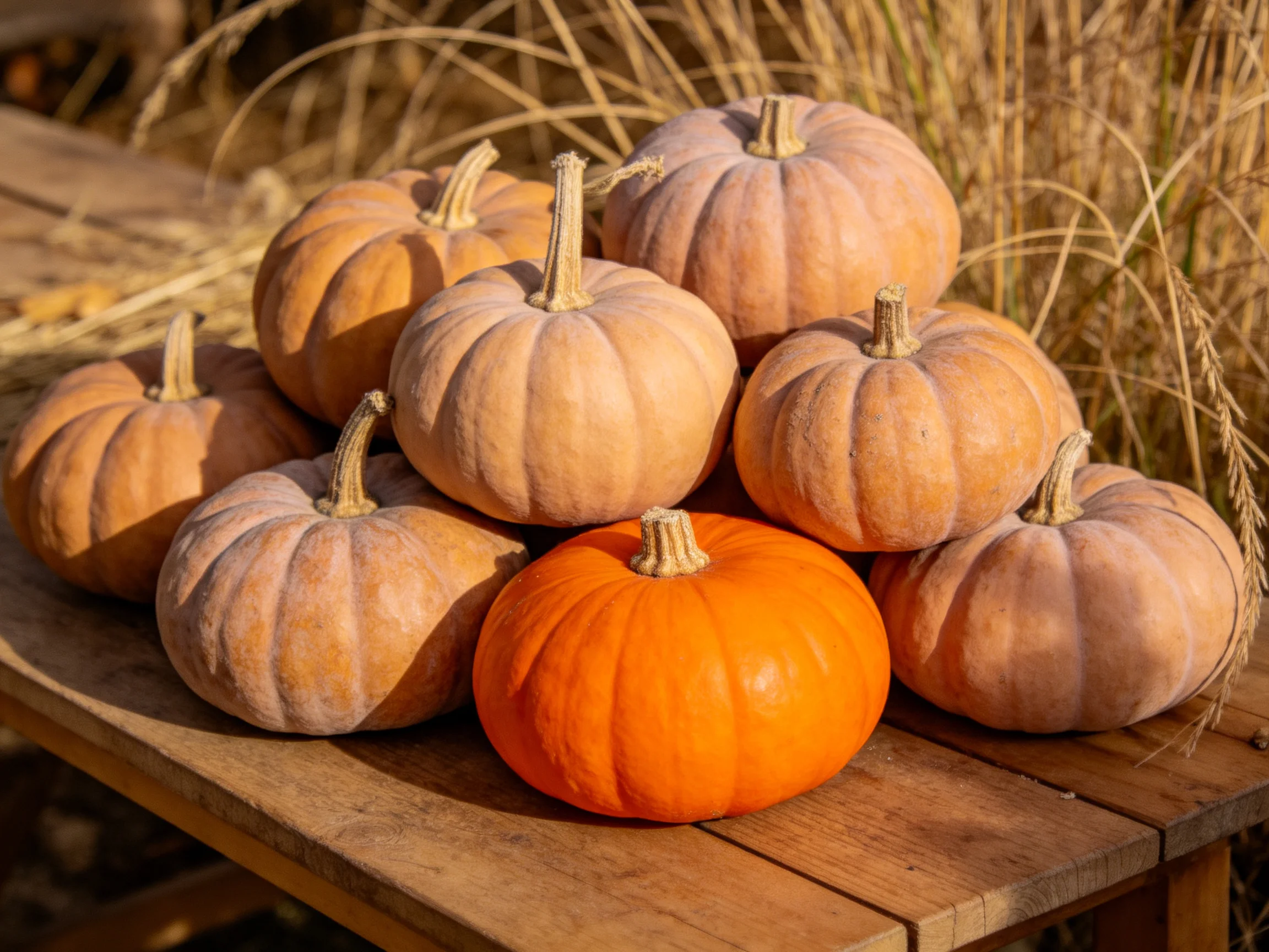 Small pumpkins stacked on a wooden table with one bright orange pumpkin