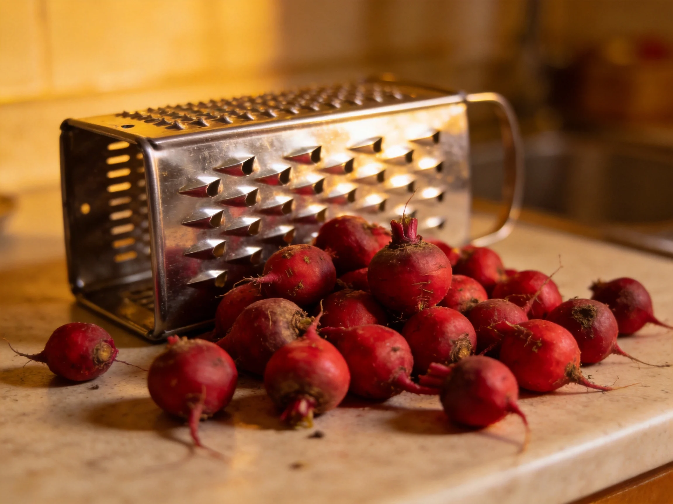 Small red beets clustered beside a metal grater on a kitchen countertop
