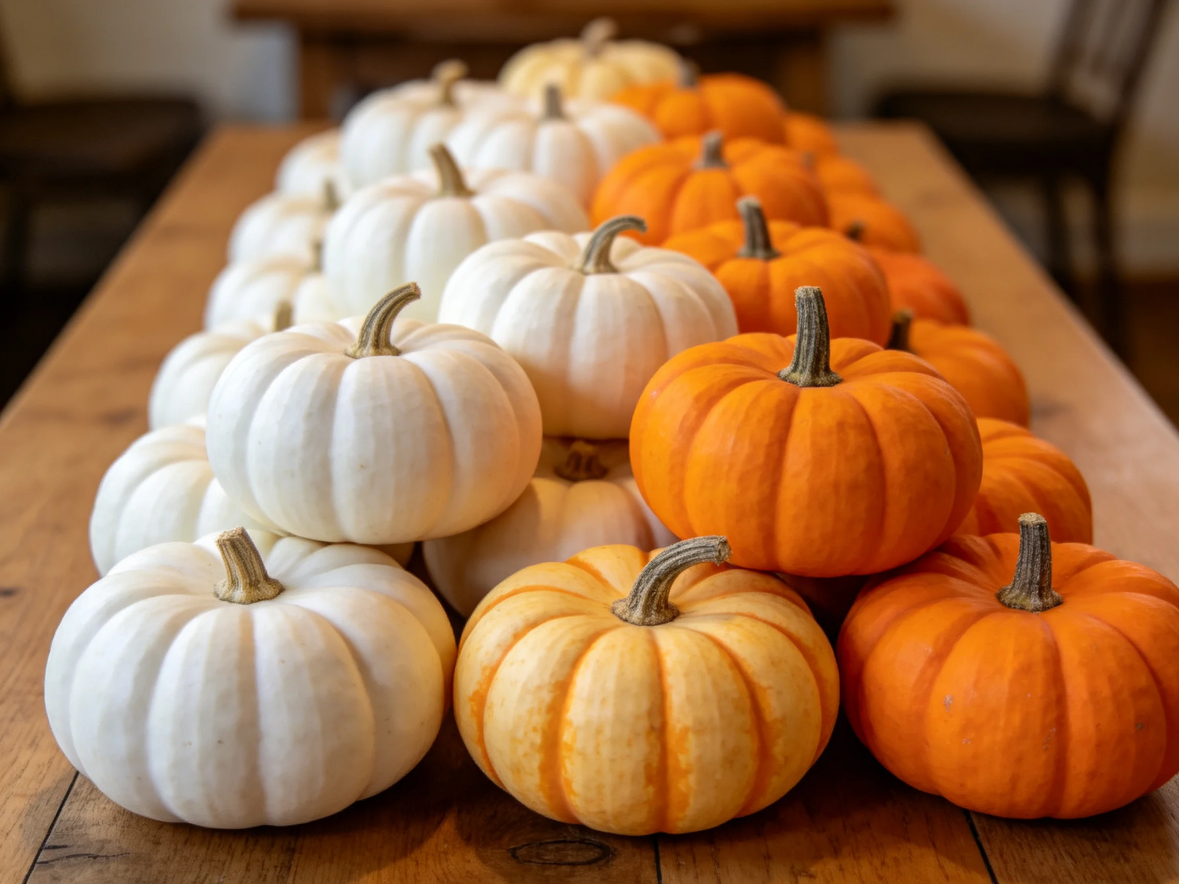 Small white, orange, and cream-colored pumpkins displayed on a wooden table