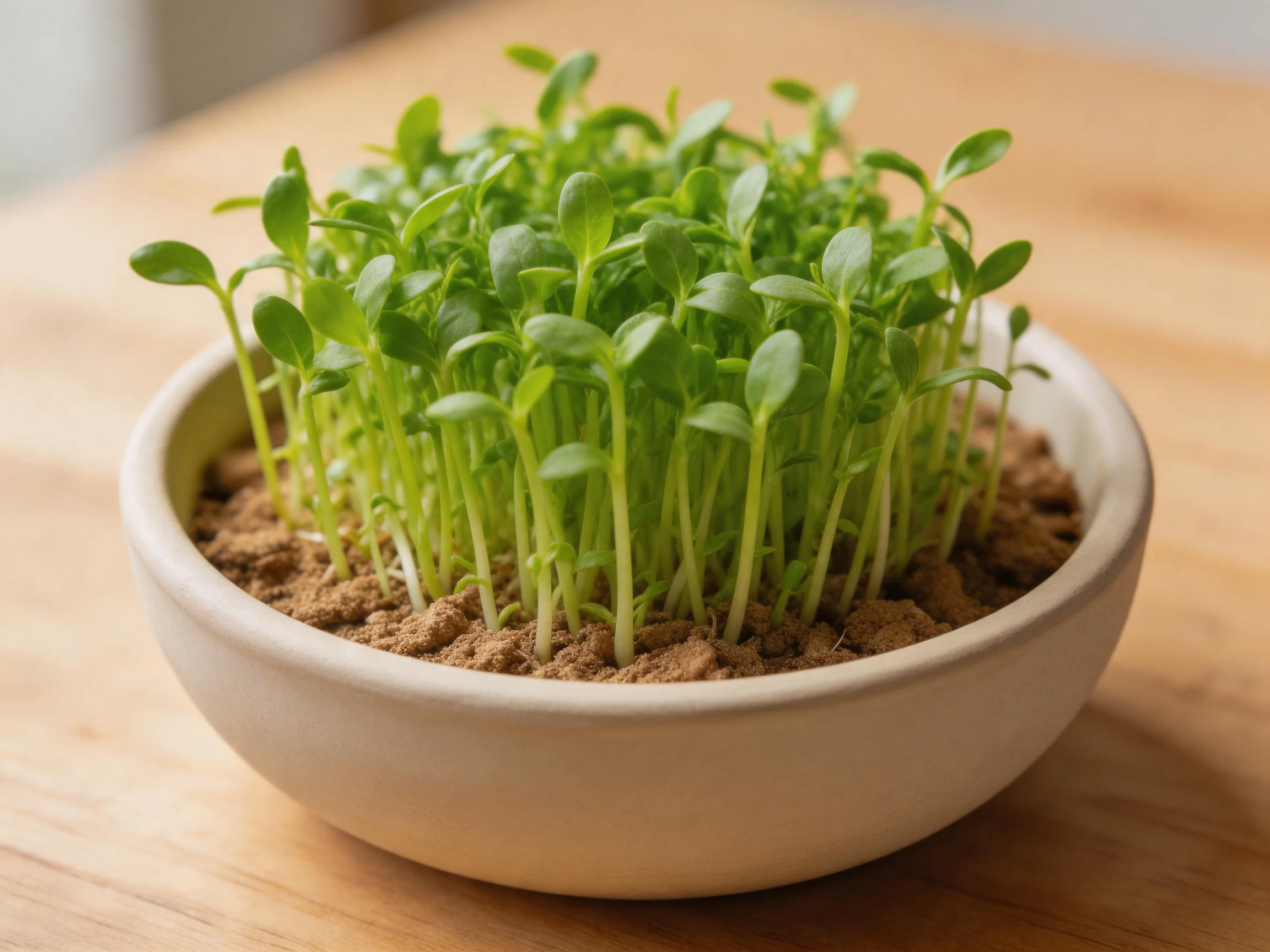 Small white pot containing vibrant green seedlings in brown soil