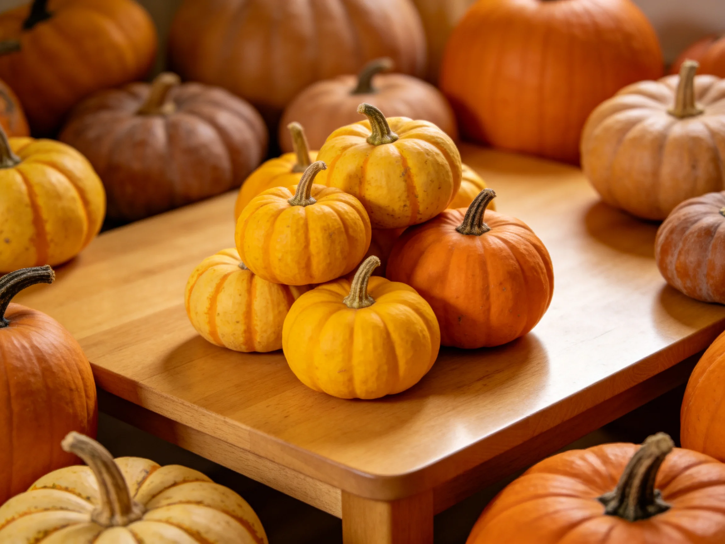 Small yellow and orange pumpkins stacked on a wooden table with larger pumpkins surrounding them
