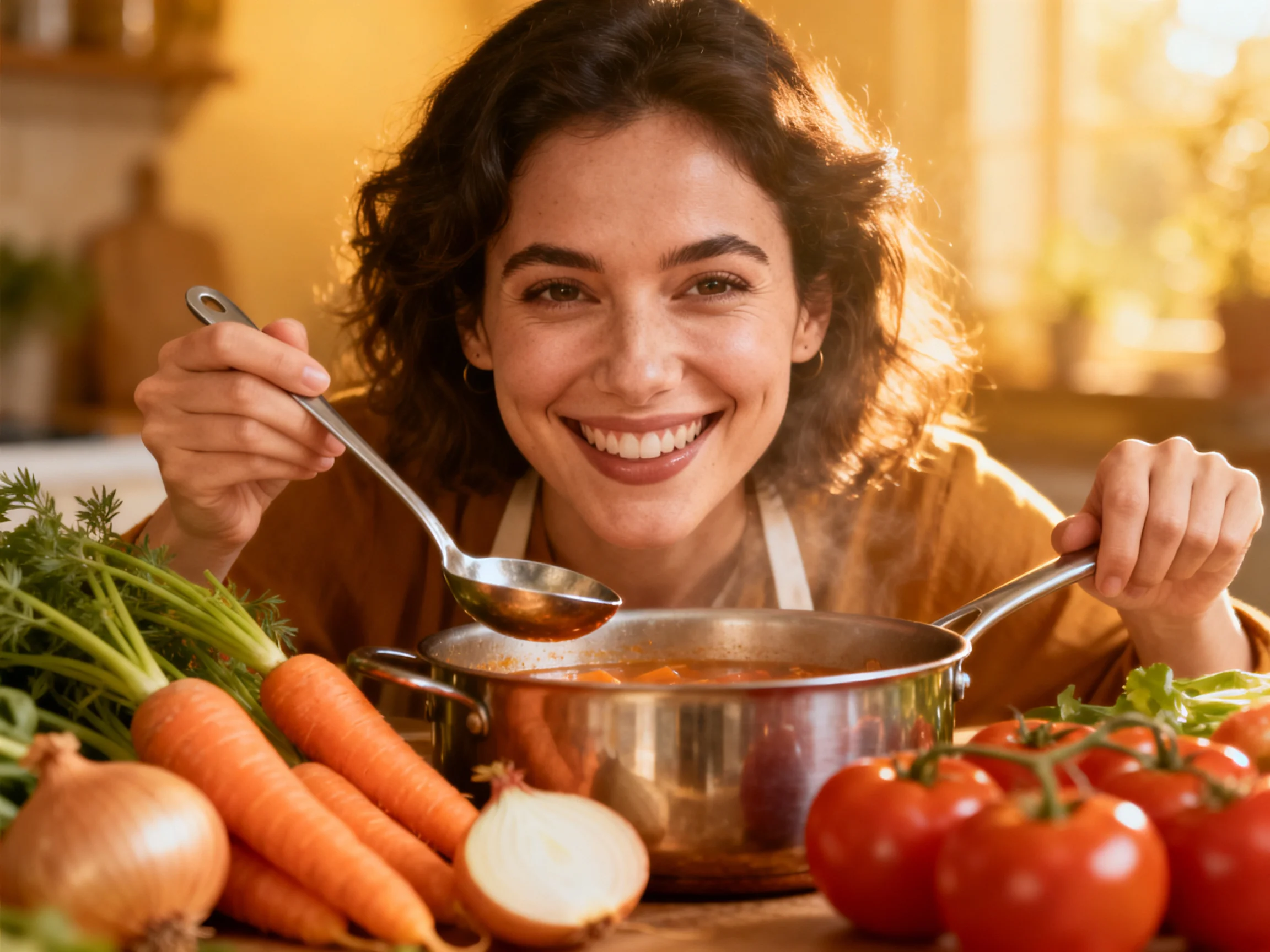 Smiling woman cooking with fresh vegetables in sunlit kitchen