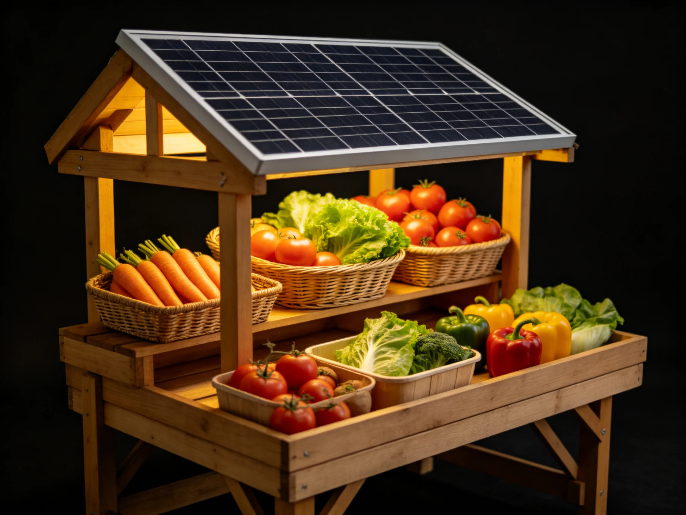 Solar-paneled wooden stand displaying vibrant baskets of fresh vegetables
