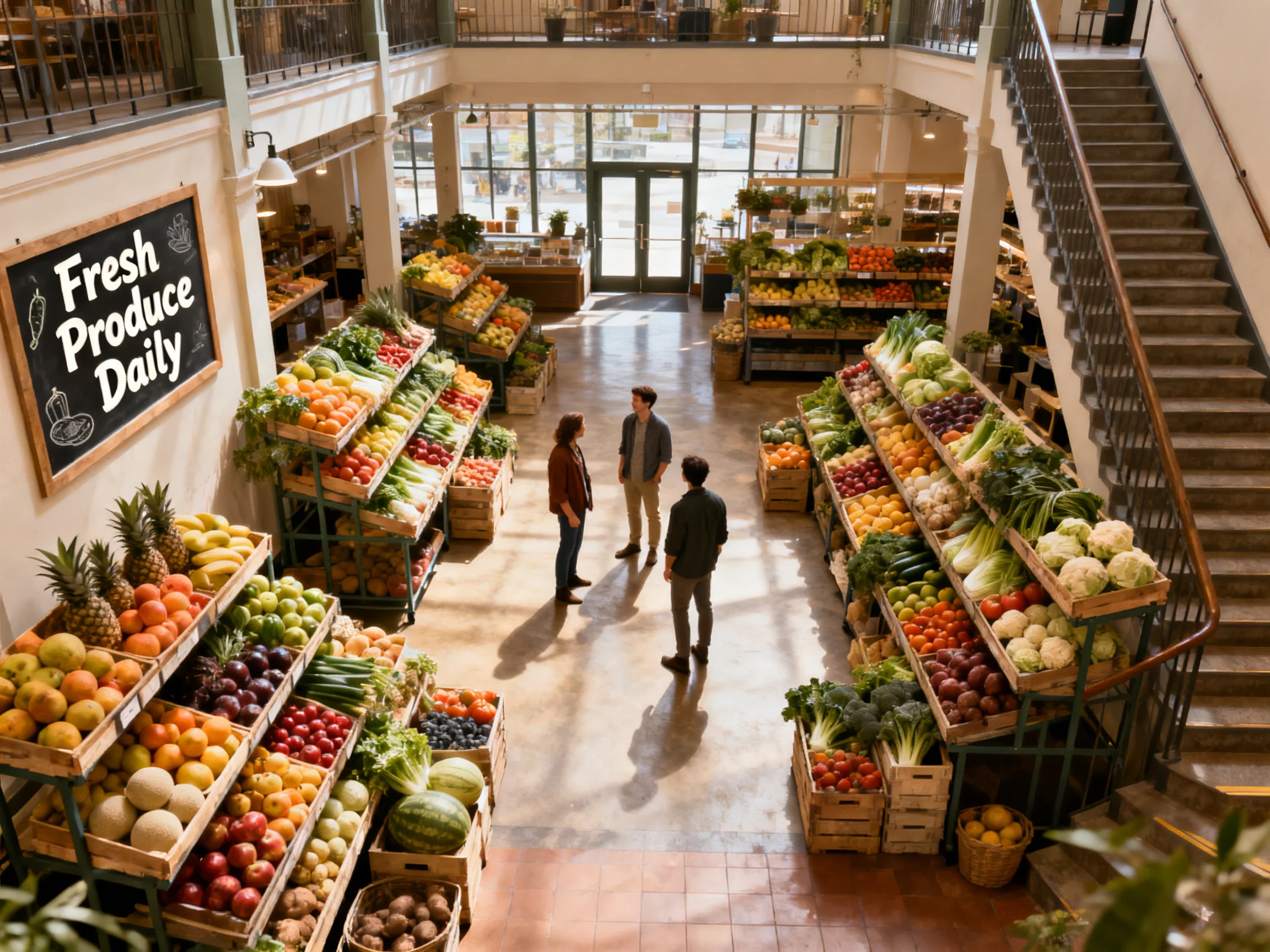 Spacious indoor market with vibrant produce stands and three shoppers
