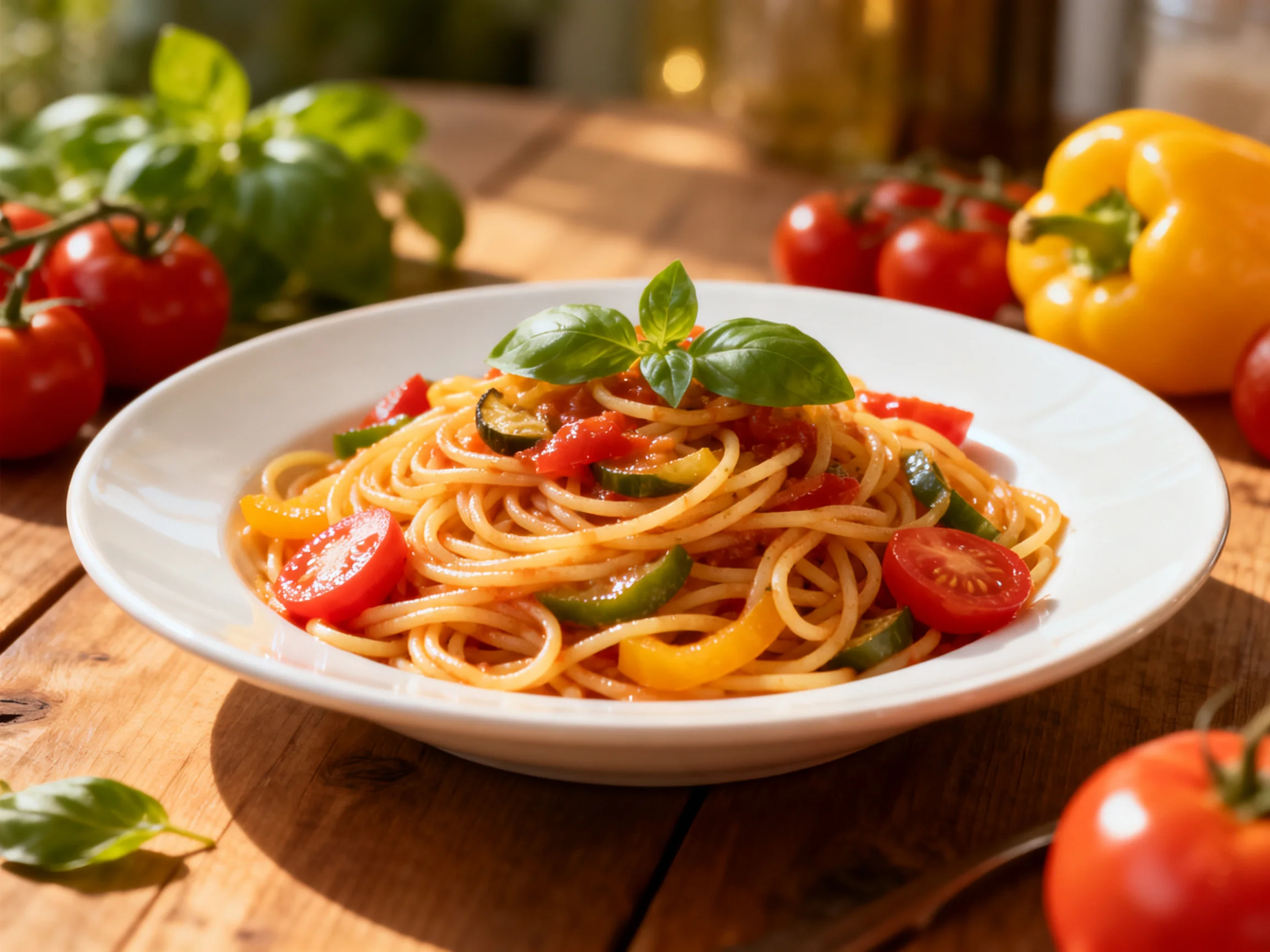Spaghetti dish with cherry tomatoes, bell peppers, and basil