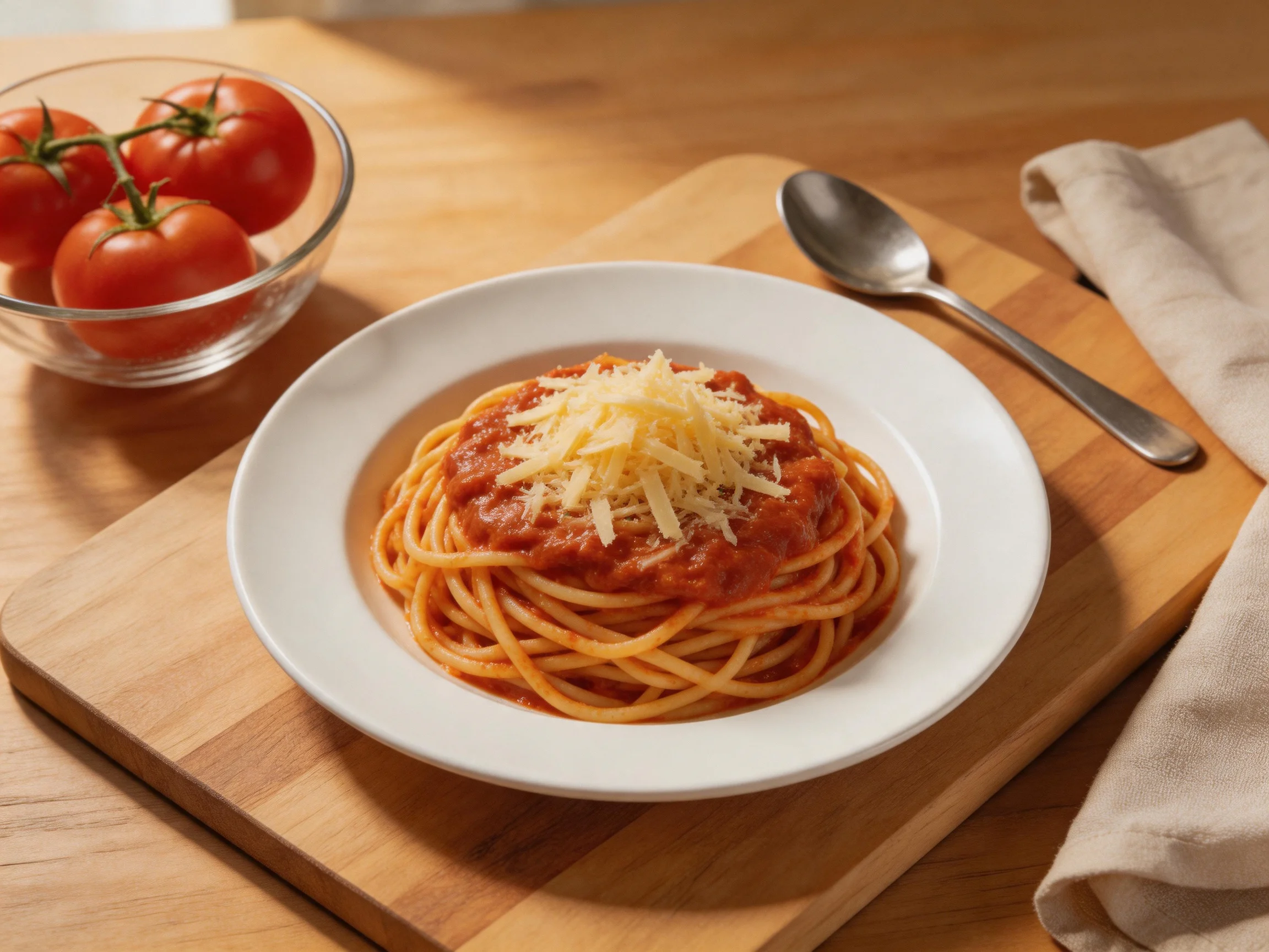 Spaghetti with tomato sauce and cheese served on white plate near fresh tomatoes