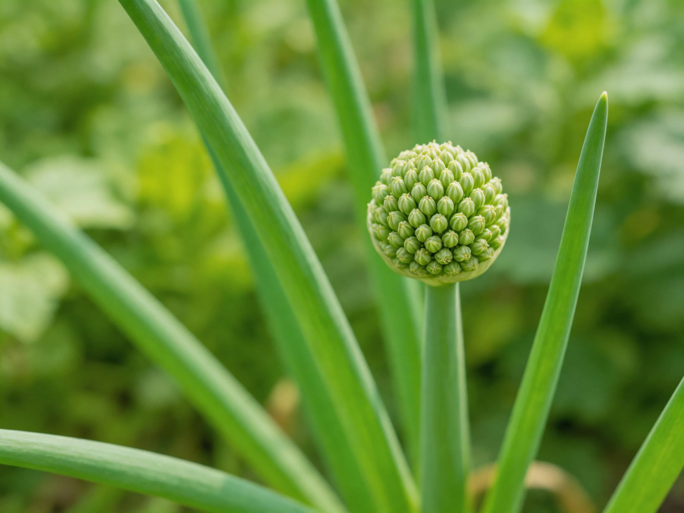 Spherical green flower bud among long slender green leaves