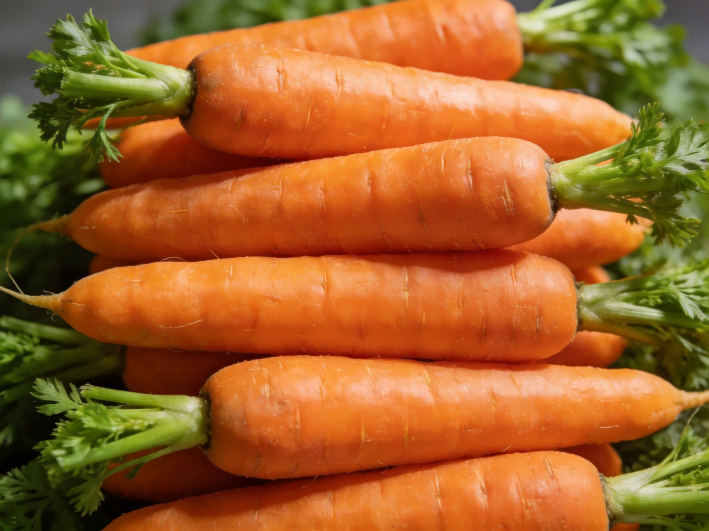 Stack of freshly harvested orange carrots with green tops