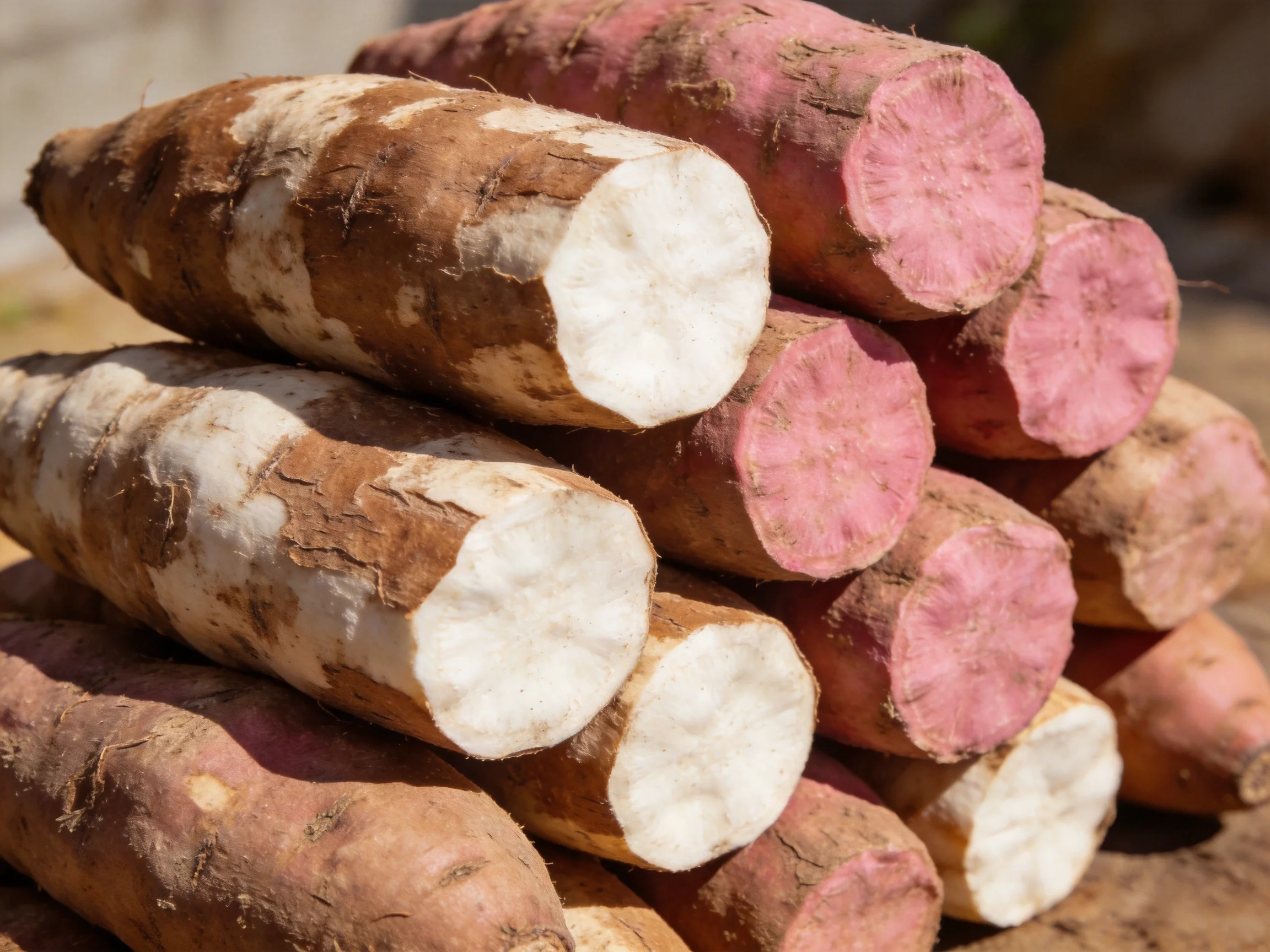 Stack of large tubers with brown exteriors and pink/white interiors