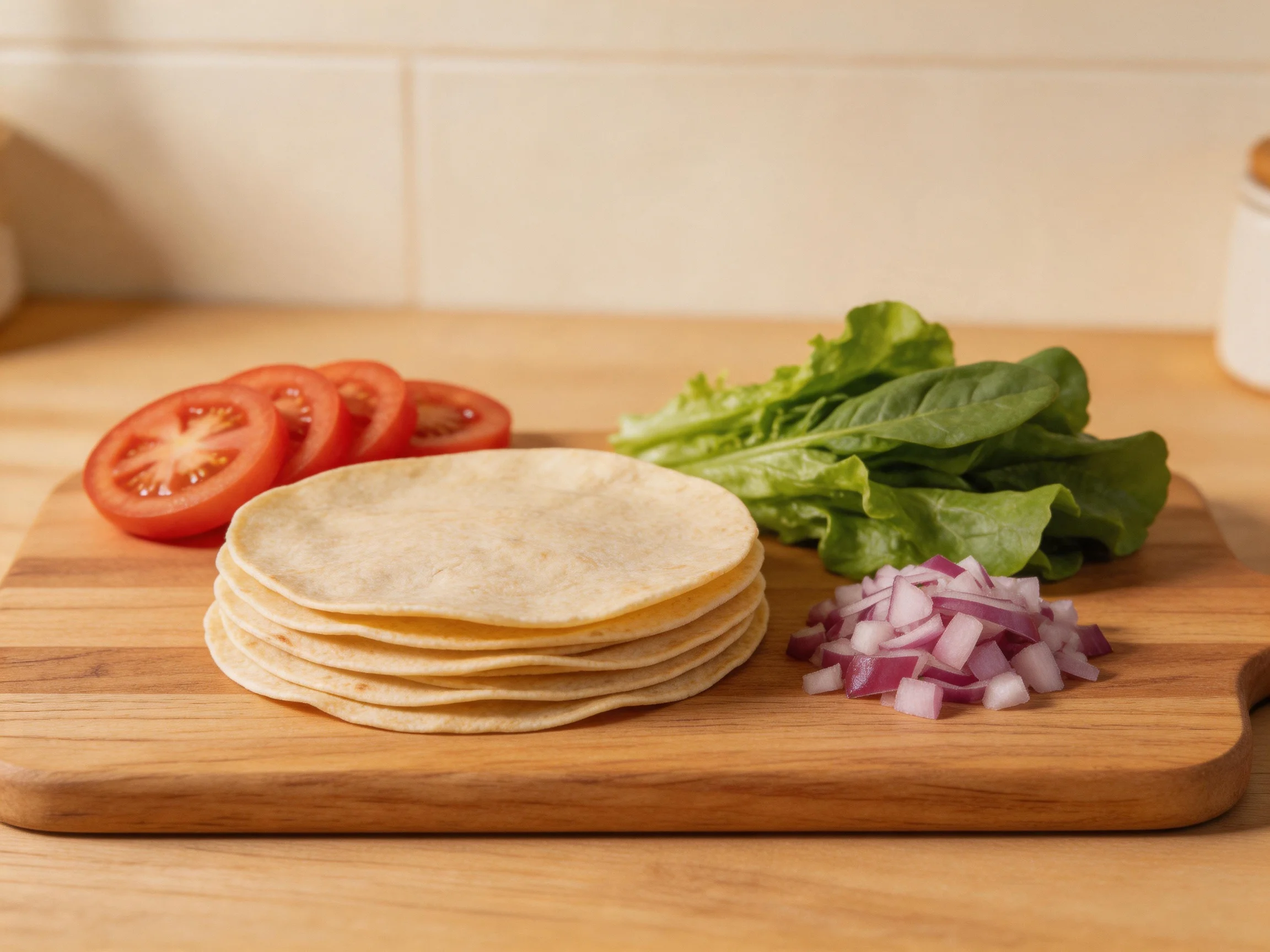 Stack of tortillas, tomato slices, red onion, and lettuce on a wooden cutting board
