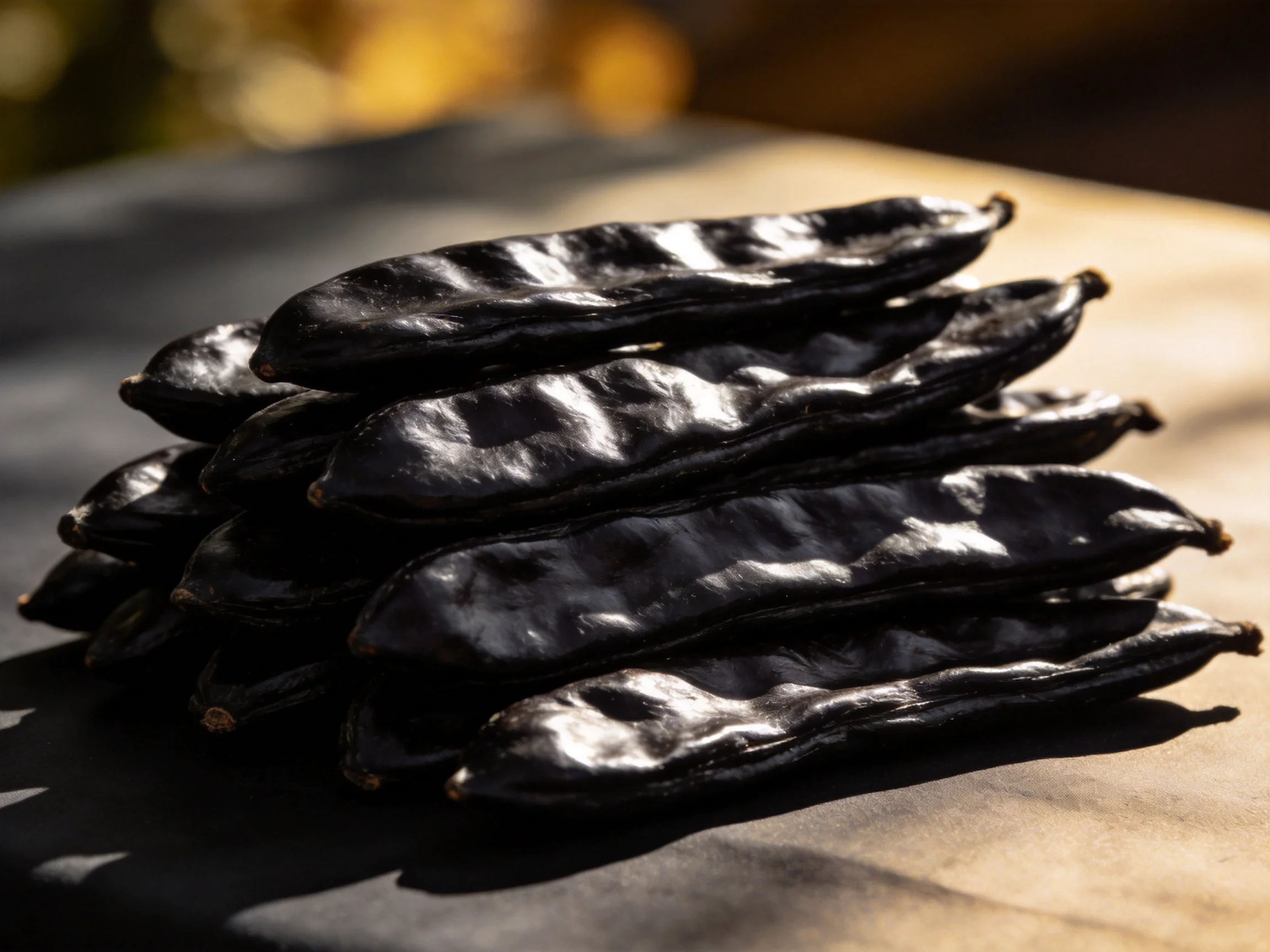 Stacked glossy black seed pods with dramatic lighting