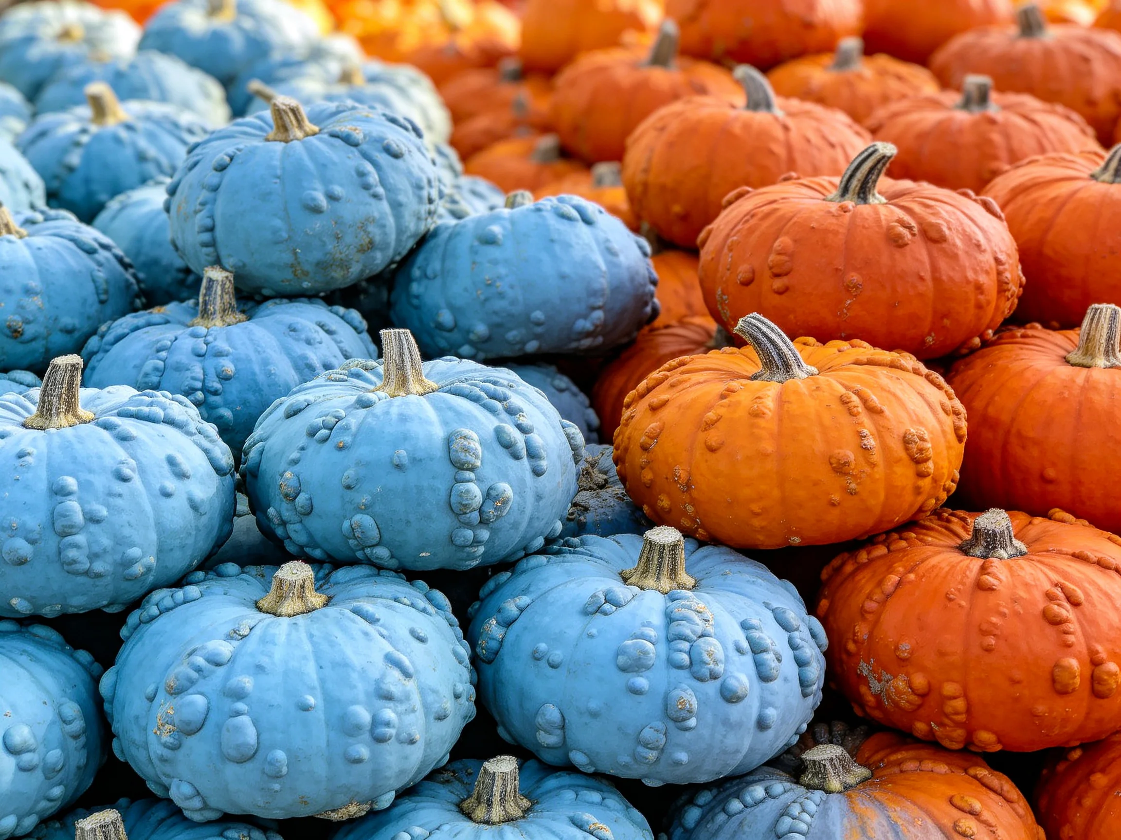 Stacks of blue and orange bumpy pumpkins arranged in two groups