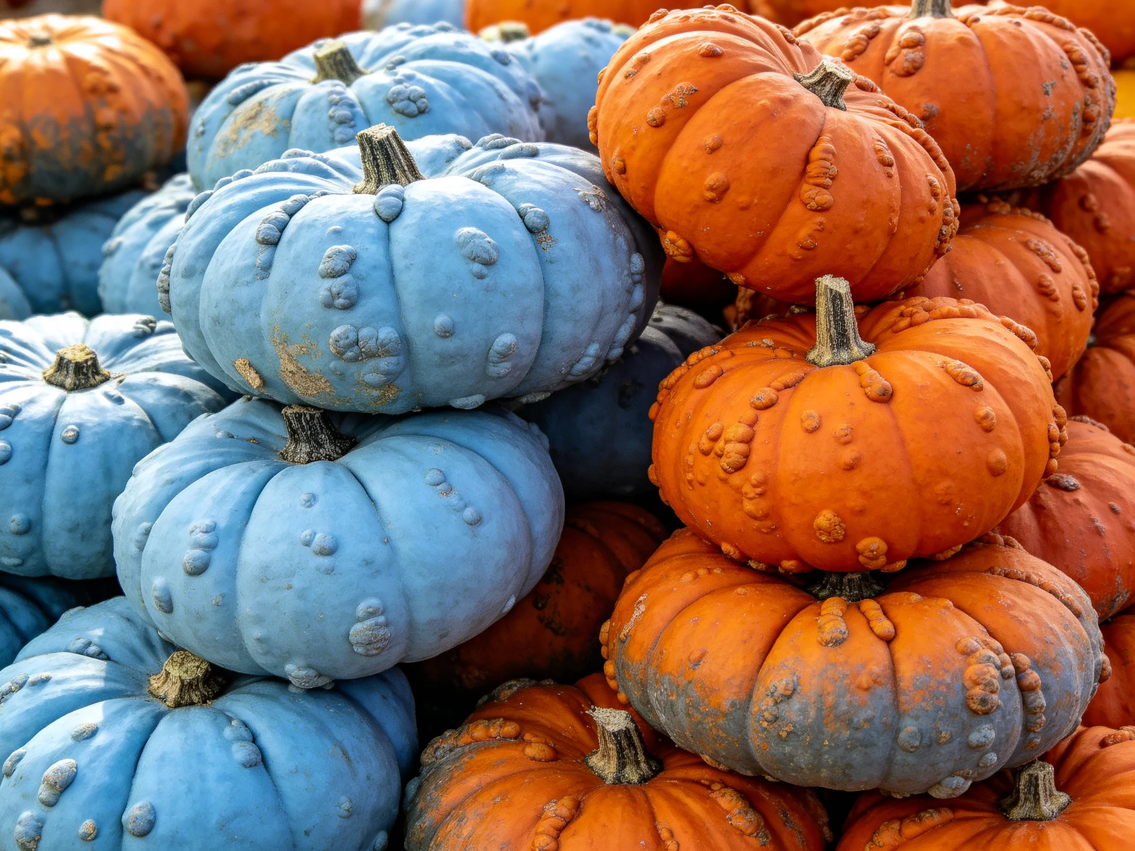 Stacks of blue and orange bumpy-textured pumpkins arranged closely