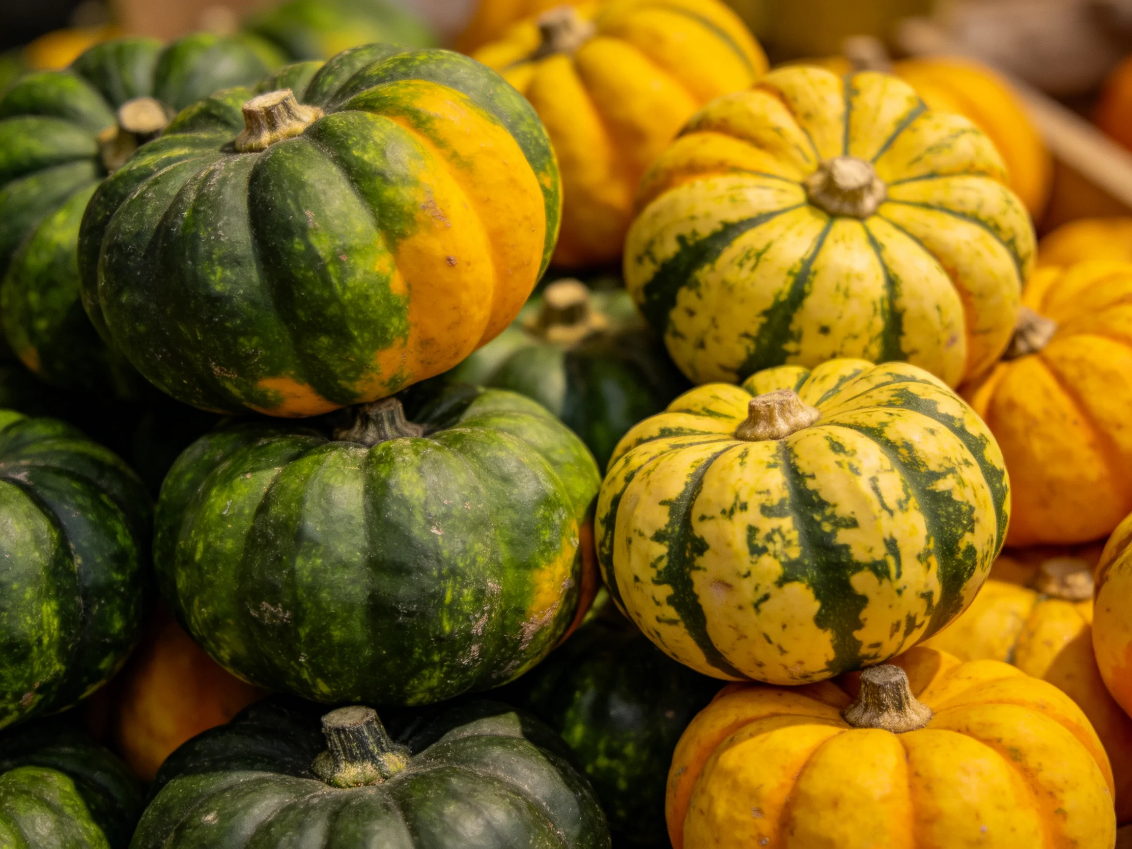 Stacks of small green and yellow striped squashes arranged outdoors