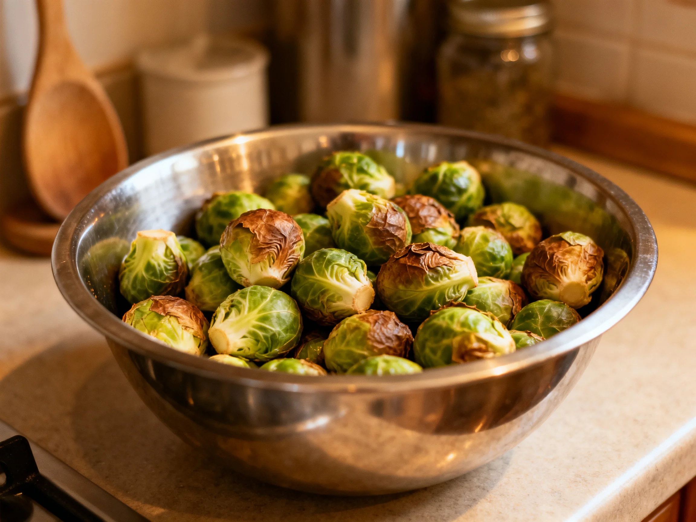 Stainless steel bowl filled with roasted Brussels sprouts