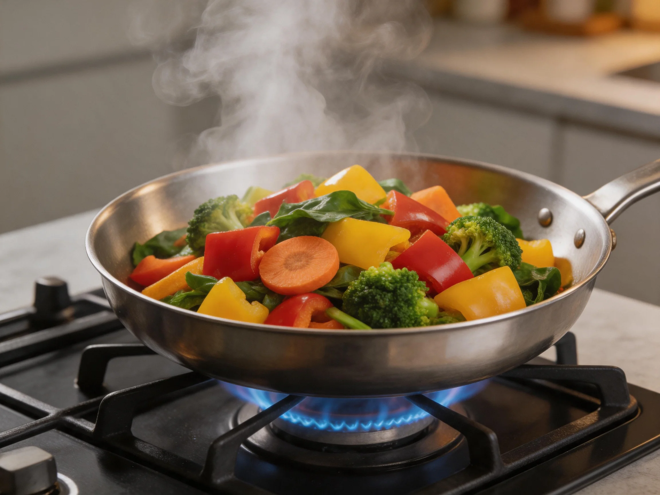 Stainless steel pan cooking vibrant mixed vegetables on a gas stove