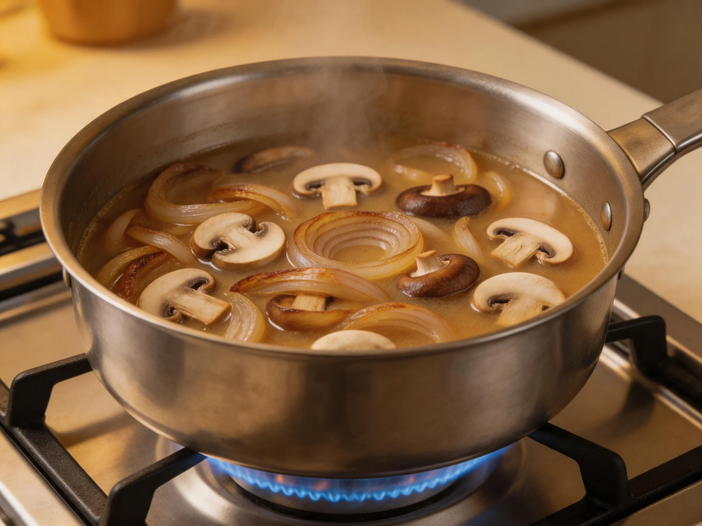 Stainless steel pan cooks sliced mushrooms and caramelized onions on a gas stove