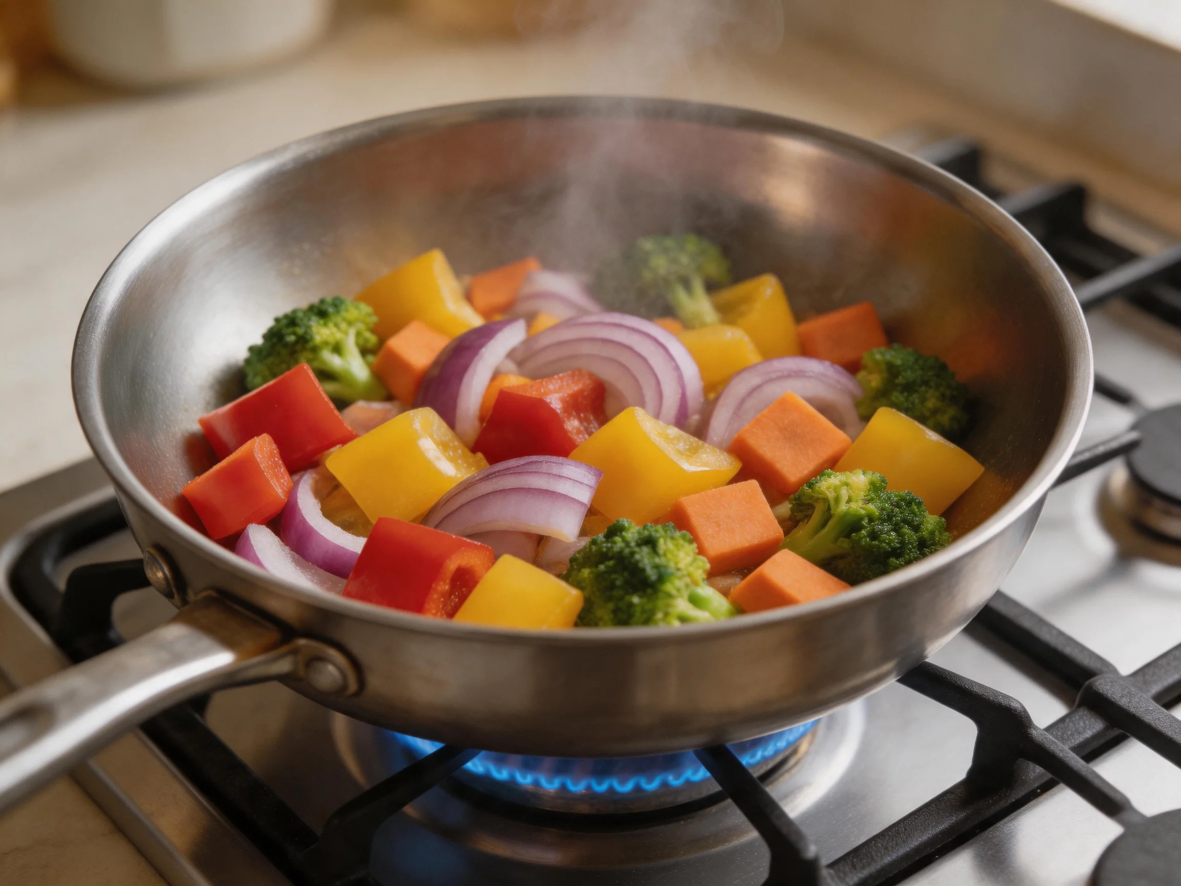 Stainless steel pan cooks vibrant mixed vegetables with broccoli, peppers, onions