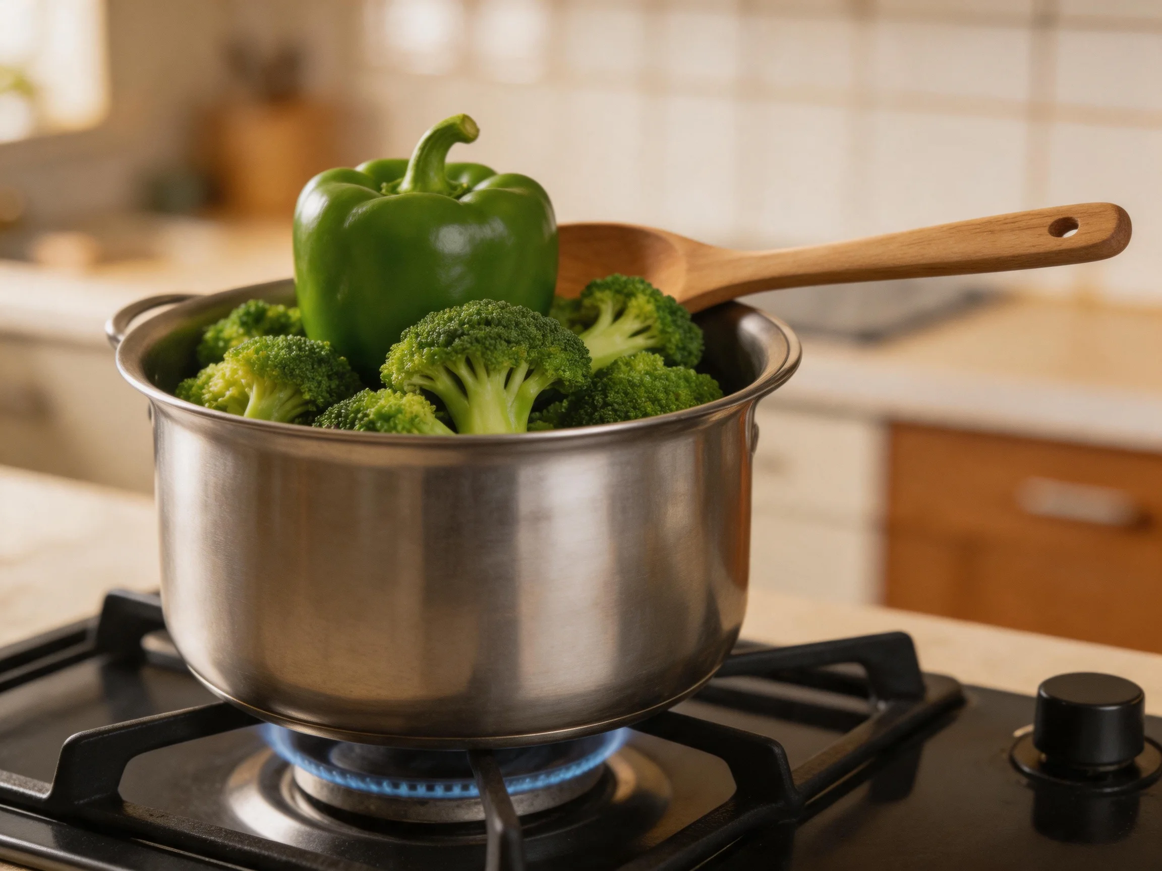 Stainless steel pot with broccoli and green pepper on lit gas stove