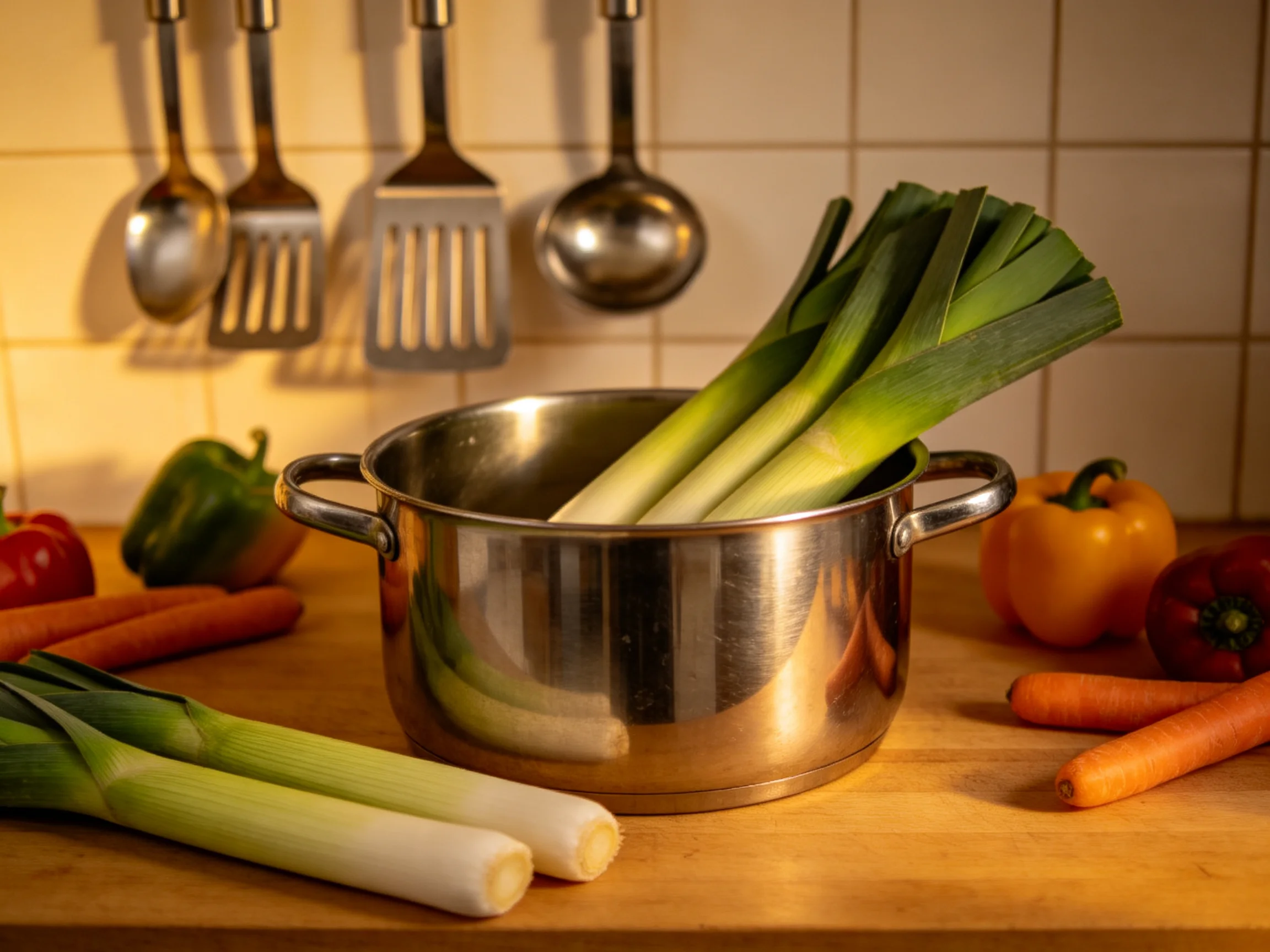 Stainless steel pot withleeks, carrots, and bell peppers near tiled kitchen wall
