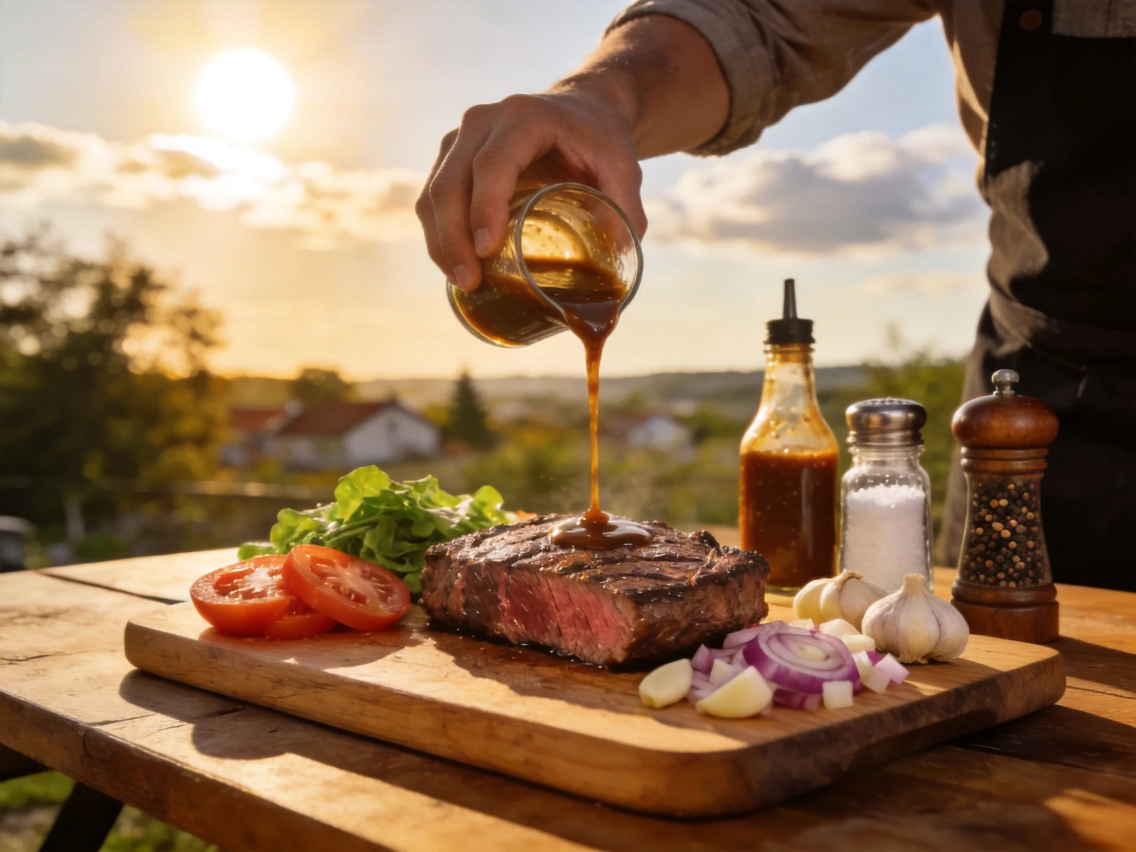 Steak drizzled with sauce, fresh veggies, and spices on wooden board during sunset