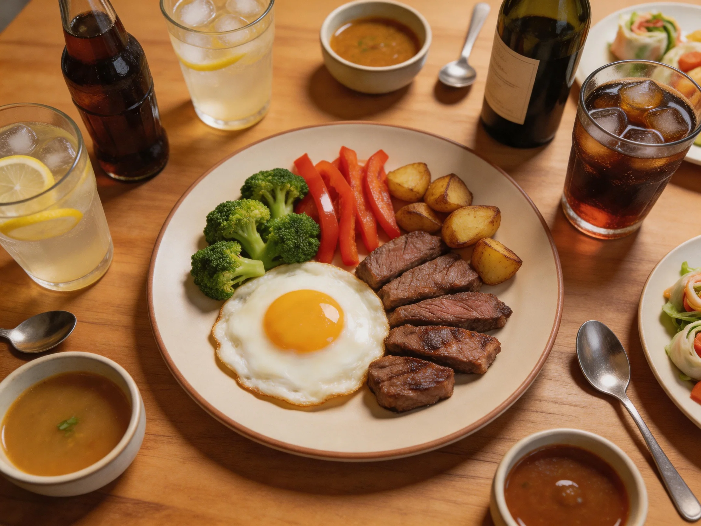 Steak, egg, and vegetable plate with beverages on wooden dining table