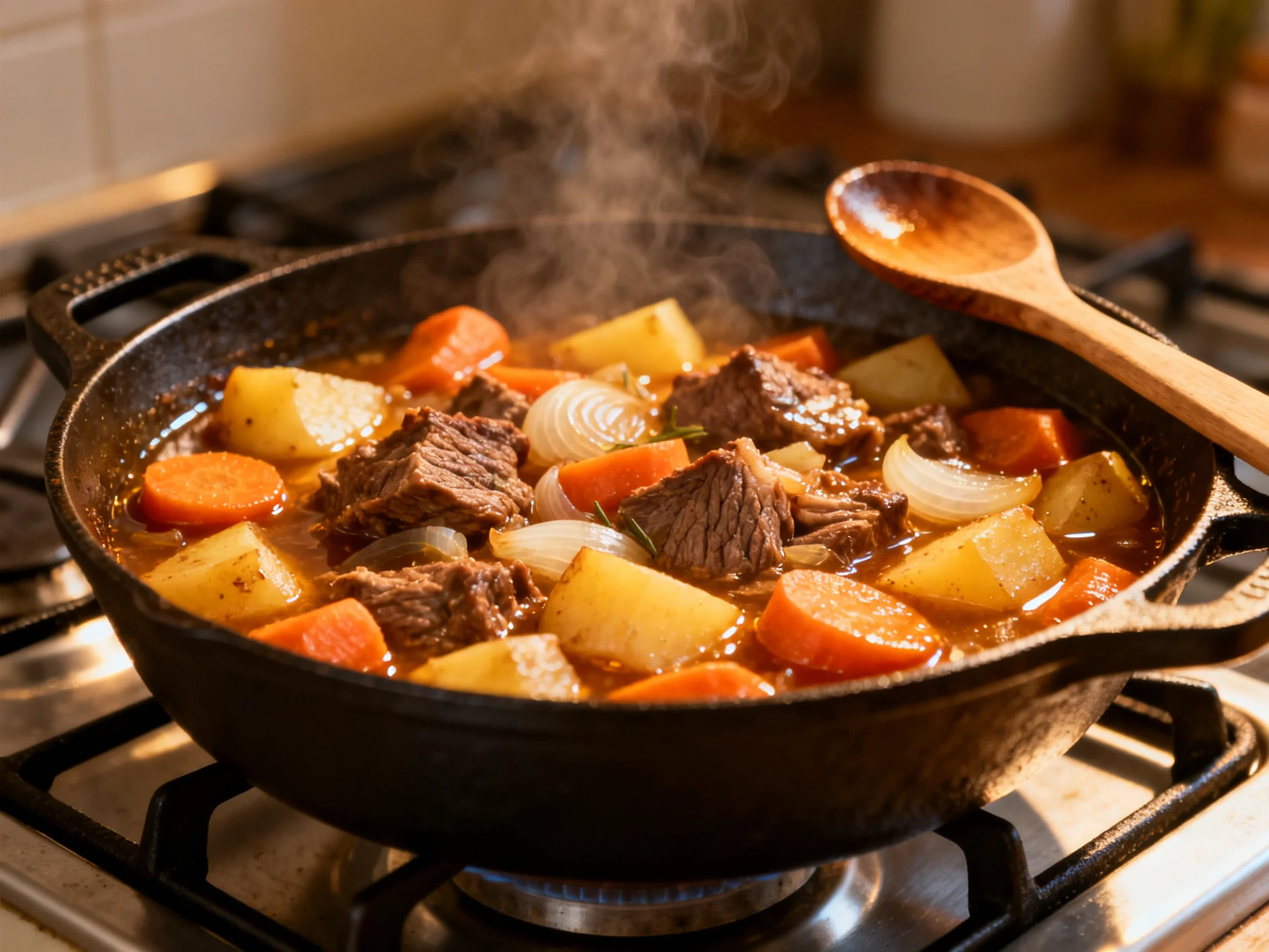 Steaming Beef Stew with Potatoes, Carrots, and Onions in Cast Iron Skillet