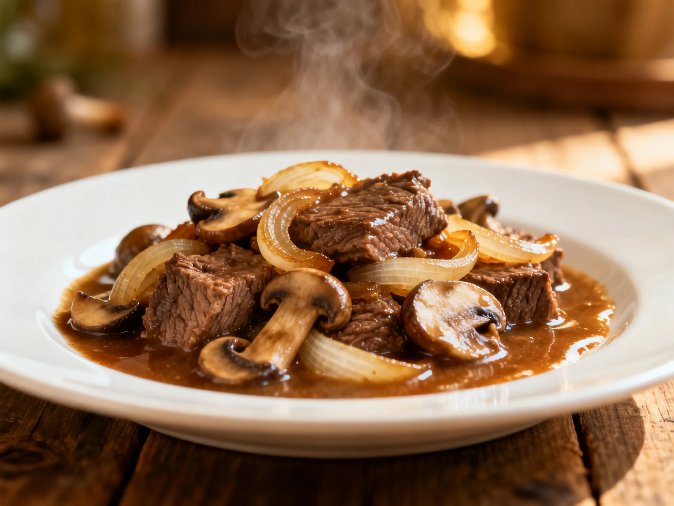 Steaming beef stew with mushrooms and onions in rich brown gravy