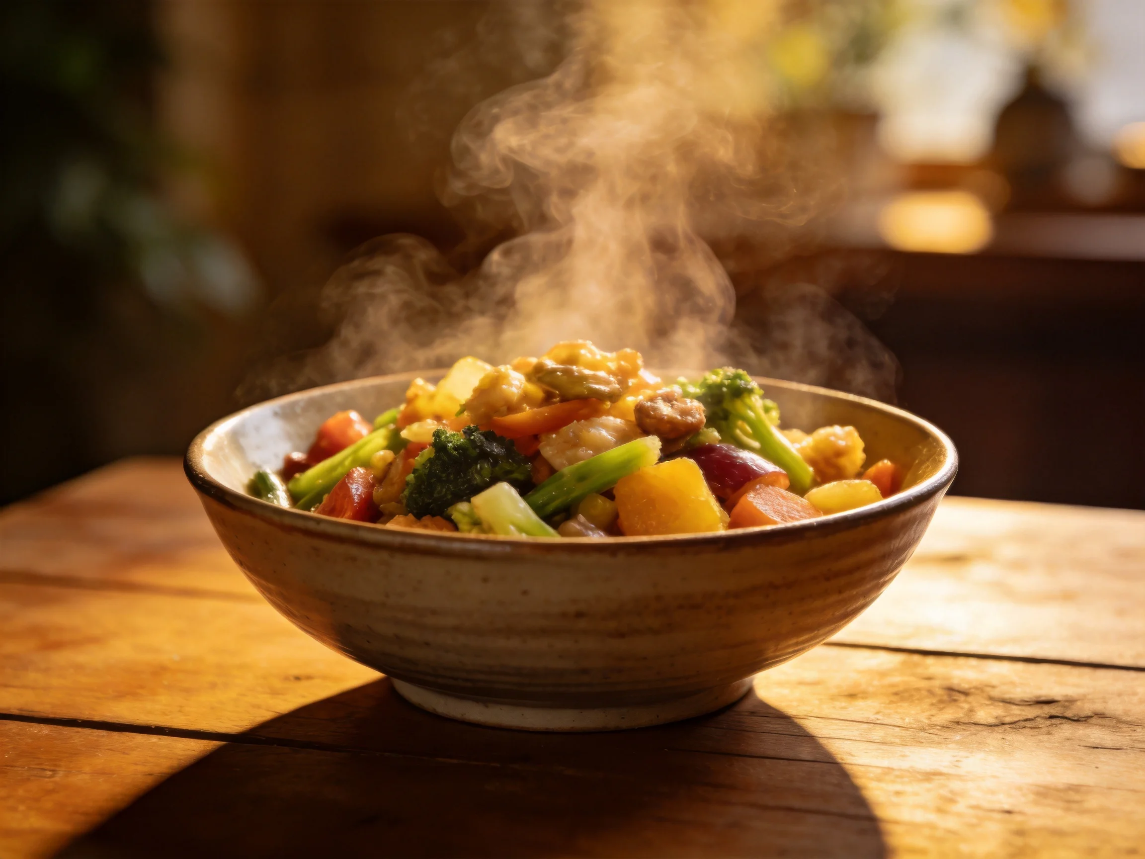 Steaming bowl of assorted vegetables on a wooden table