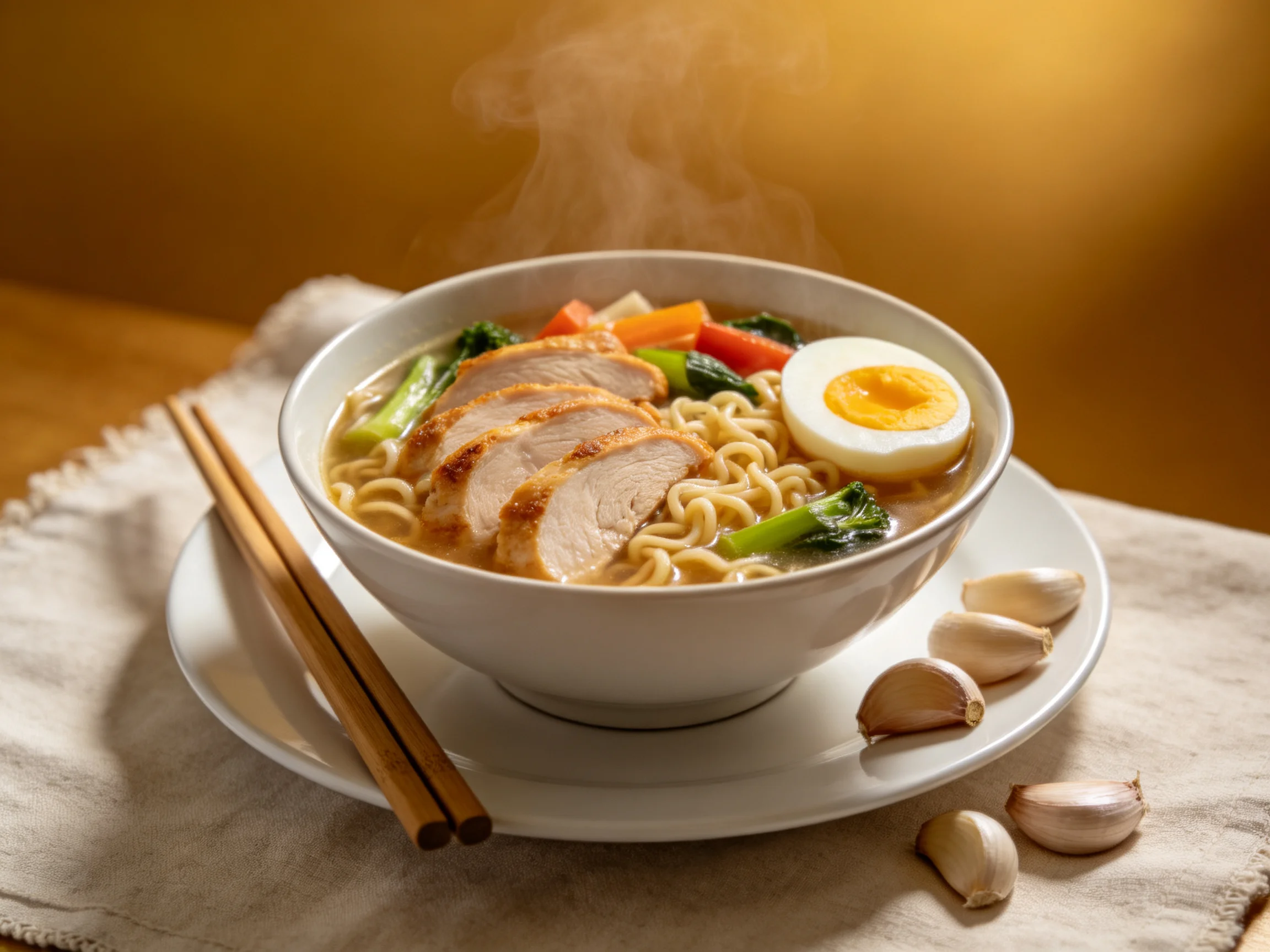 Steaming bowl of chicken ramen with egg, veggies, and chopsticks