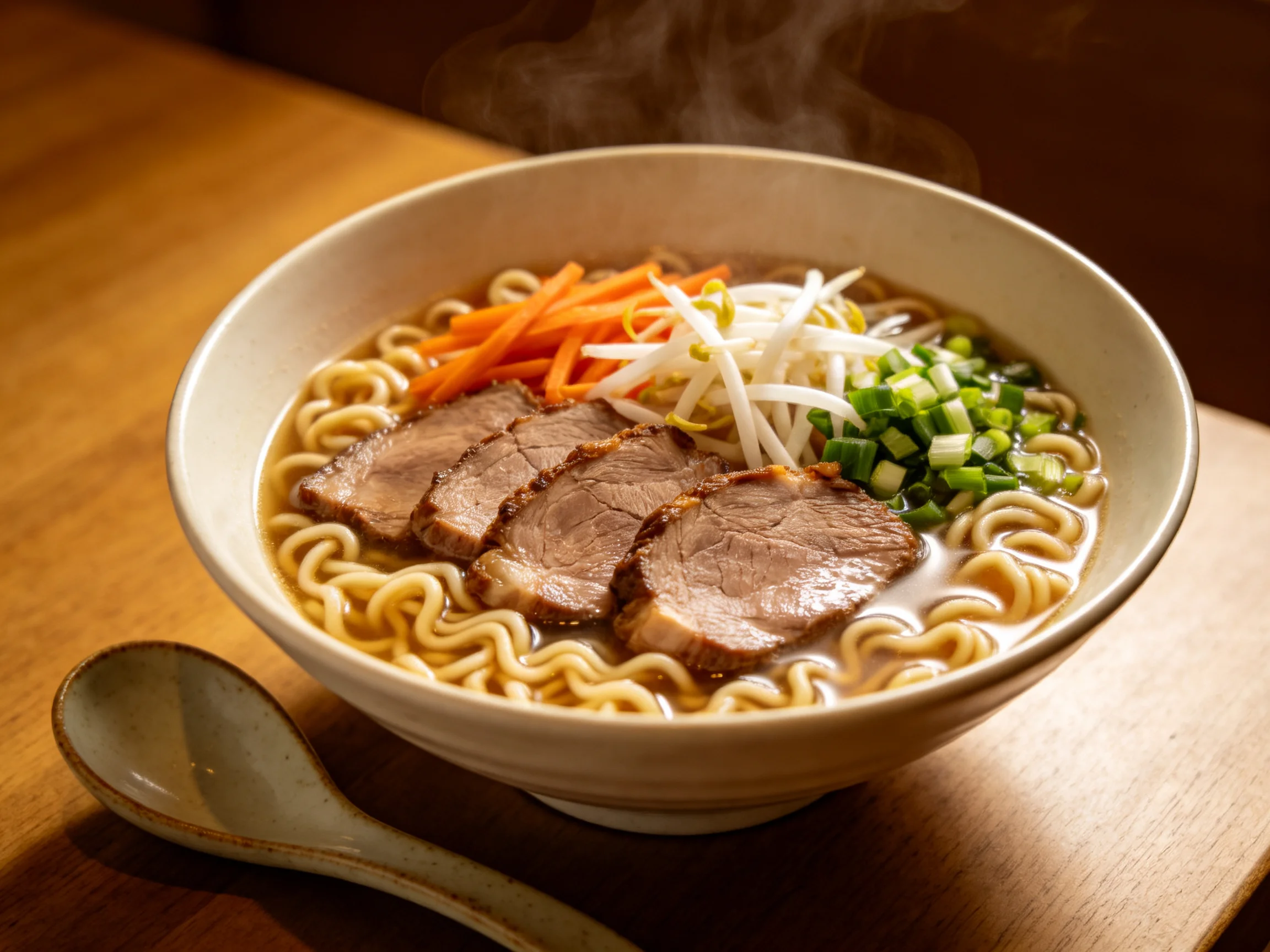 Steaming bowl of ramen with sliced beef, carrot strips, and scallions
