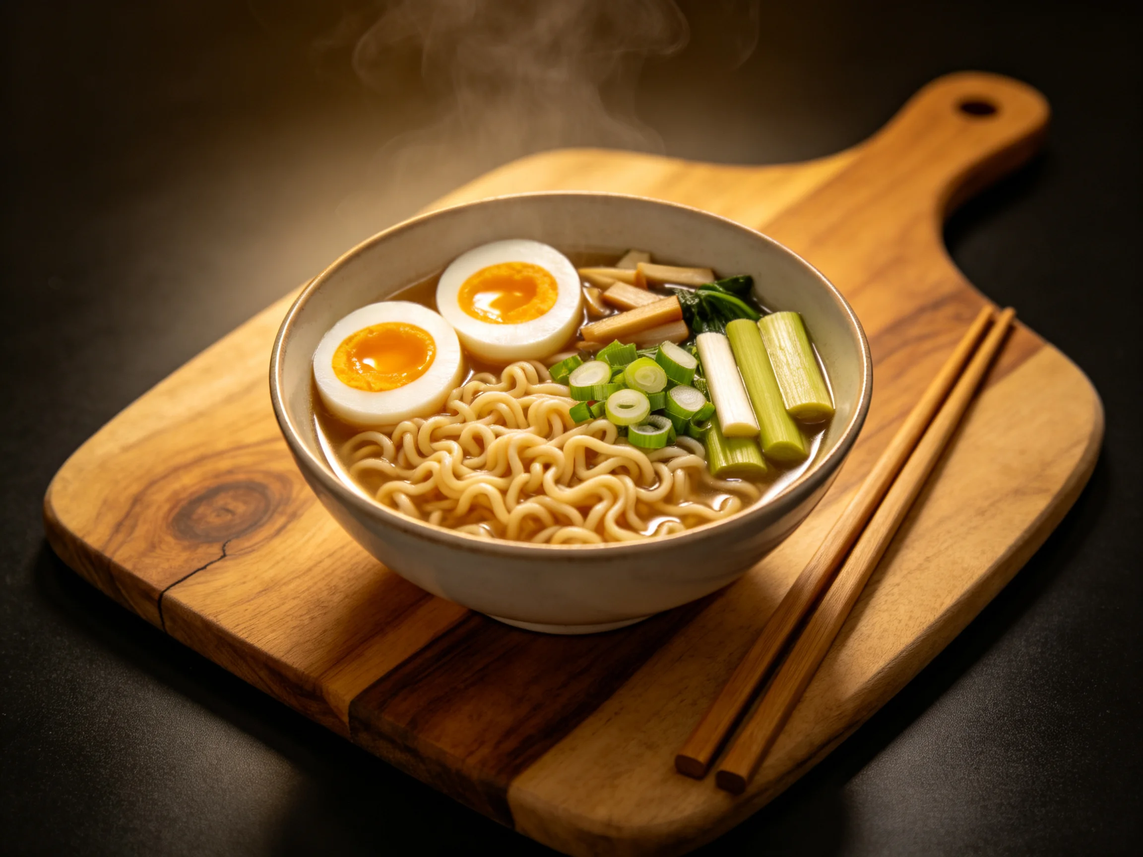 Steaming bowl of ramen with two soft-boiled eggs, noodles, and vegetables on a wooden board