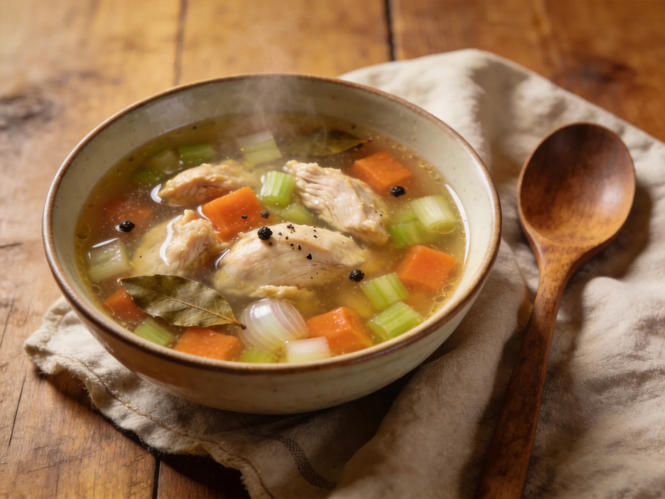 Steaming chicken vegetable soup in ceramic bowl with wooden spoon