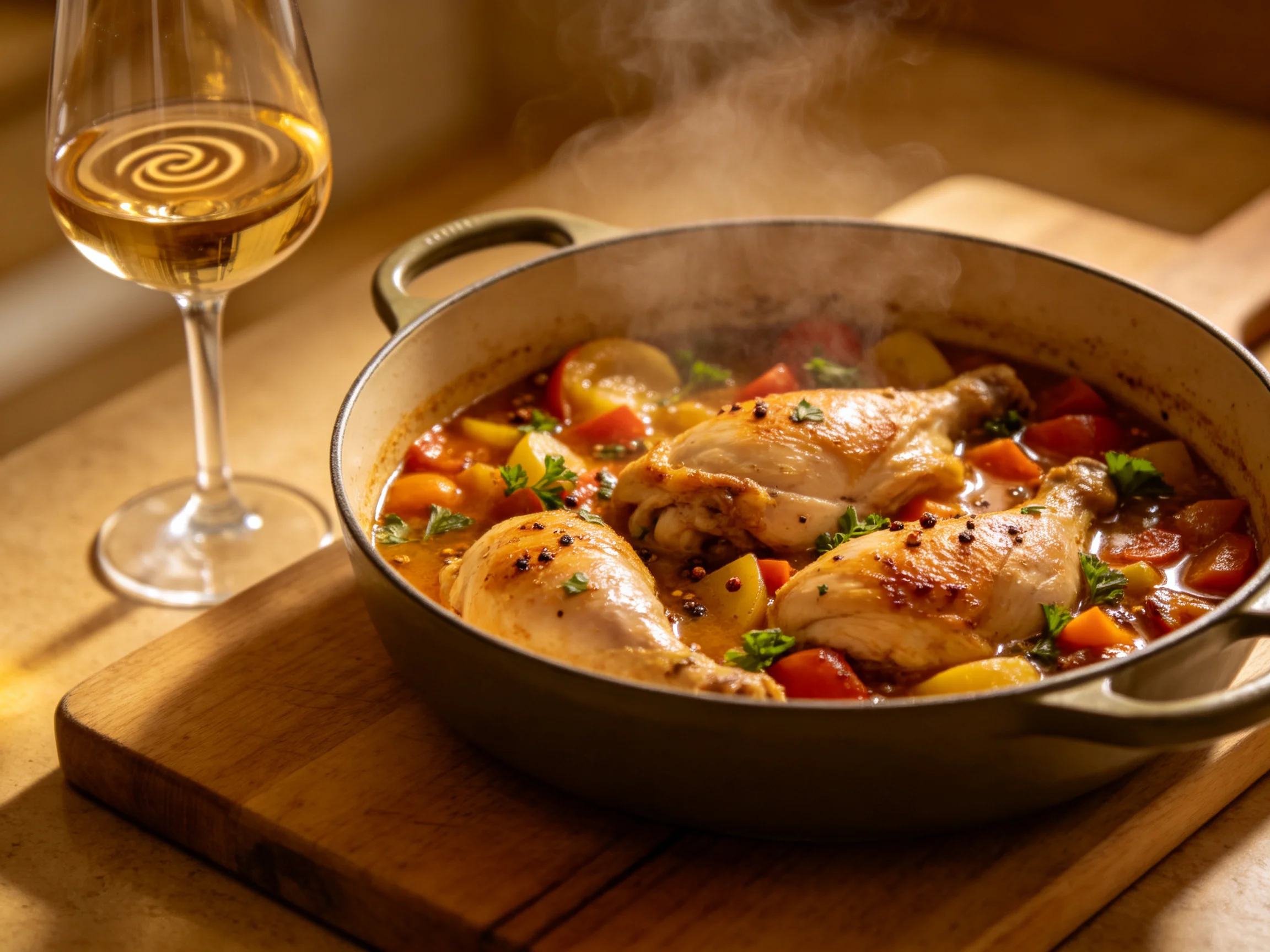 Steaming chicken vegetable stew in rustic pot with white wine accompaniment